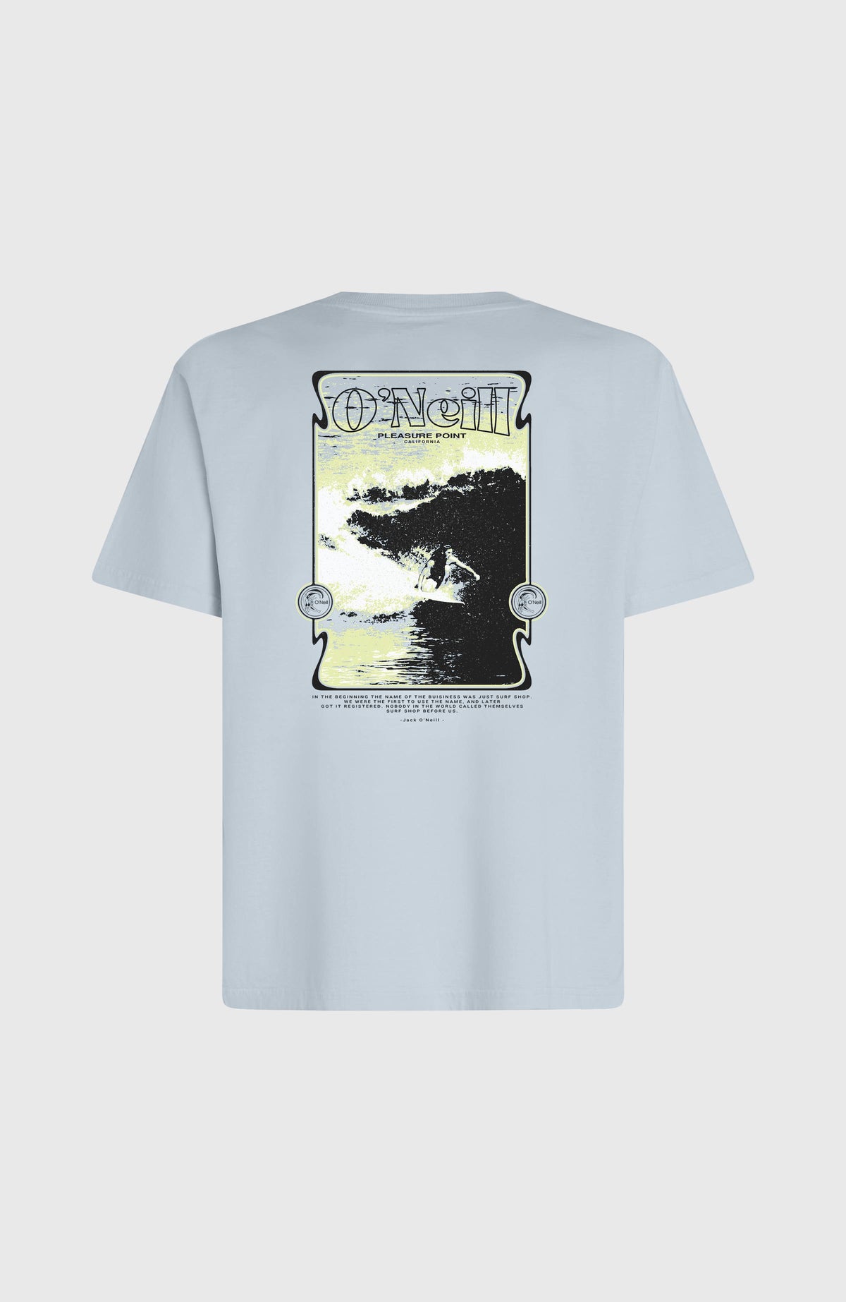 O'Riginals 70s Graphic T-Shirt für Herren, blau mit Grafik-Print in Schwarz und Gelb, freigestellt von hinten