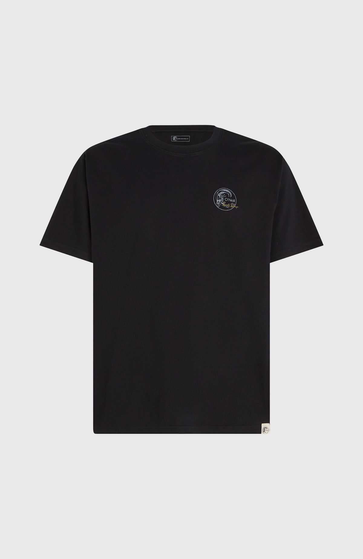 O'Riginals 70s Graphic T-Shirt für Herren, schwarz mit kleinem Brustprint, flach liegend von vorne