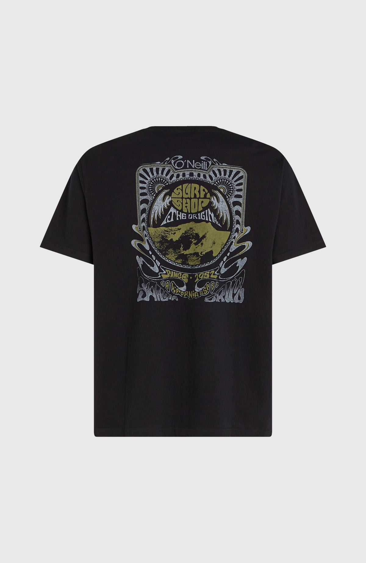 O'Riginals 70s Graphic T-Shirt für Herren, schwarz mit Grafik-Print in Grau und Gelb, flach liegend von hinten