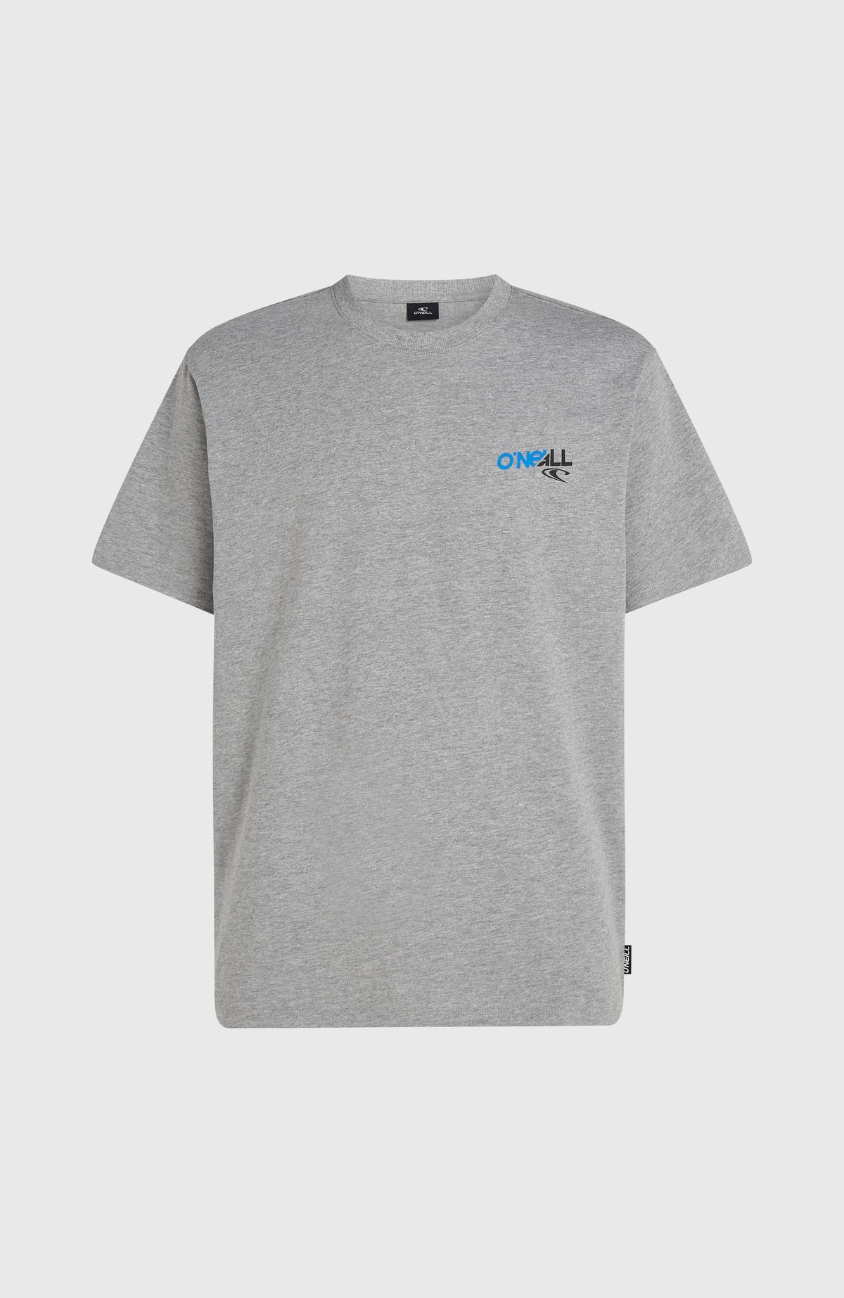 Essentials 90s Graphic T-Shirt für Herren, grau mit Logo-Print in Blau und Schwarz, freigestellt von vorne