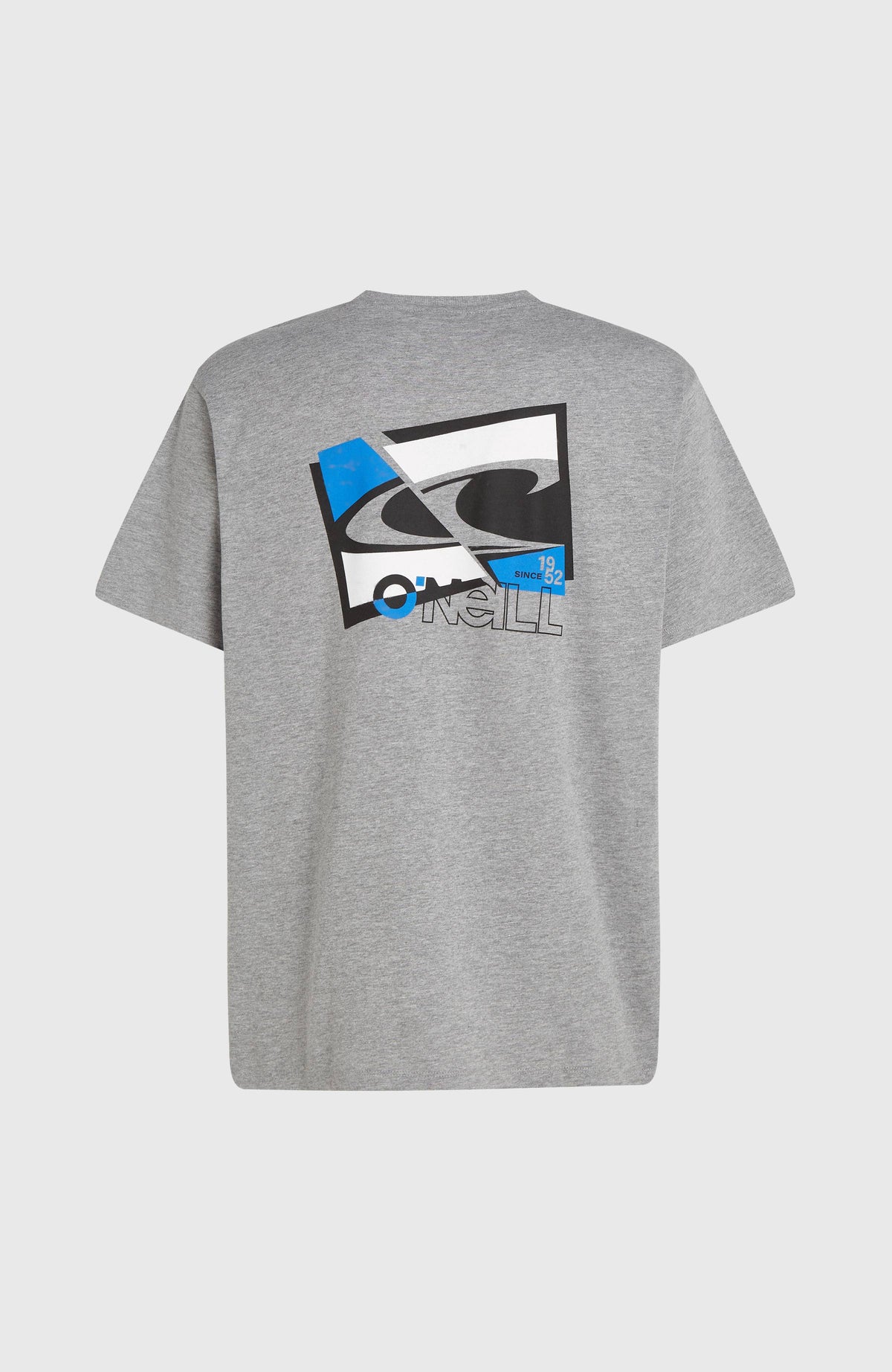Essentials 90s Graphic T-Shirt für Herren, grau mit Logo-Print in Blau und Schwarz, freigestellt von hinten