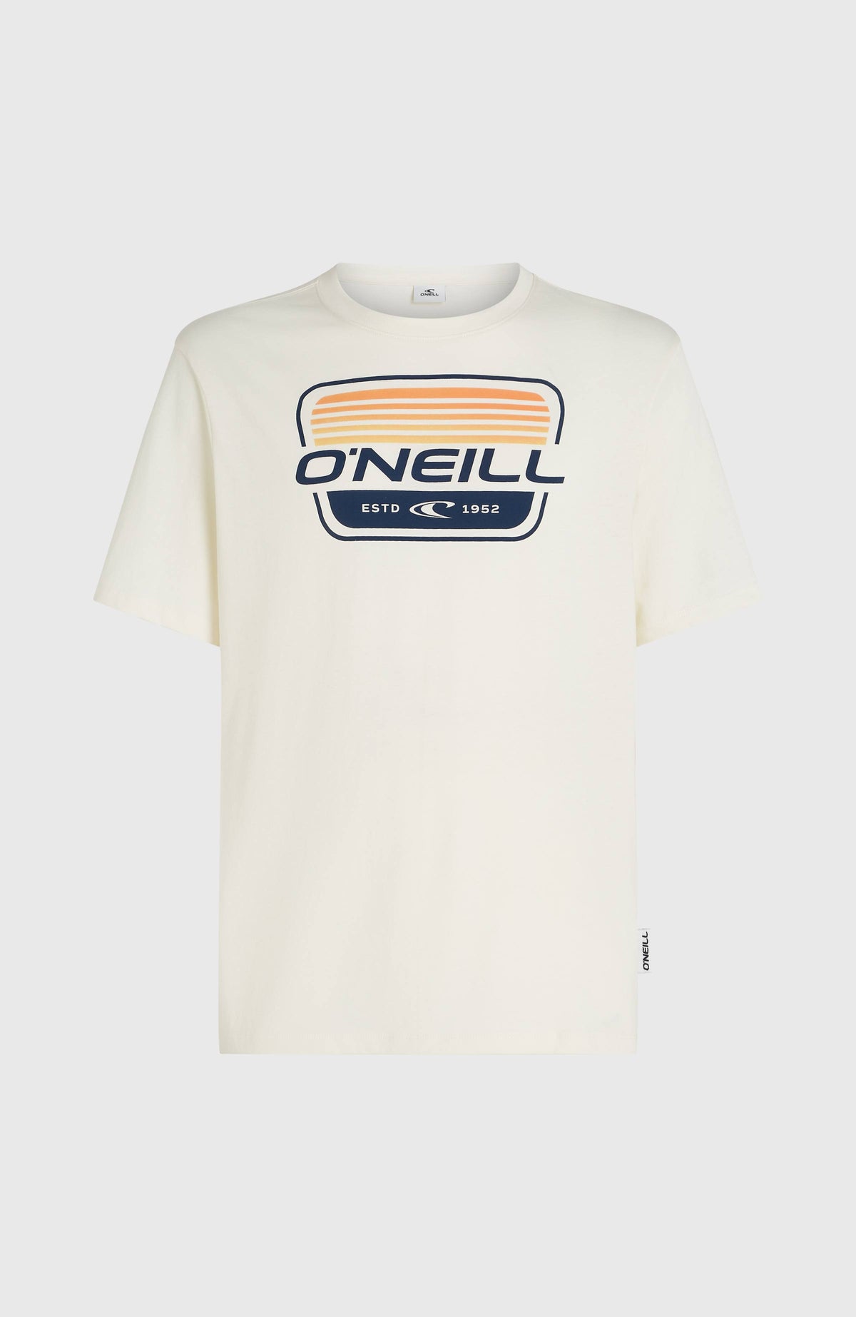 Graphic T-Shirt für Herren, weiß mit Logo-Print in Blau und Orange, flach liegend von vorne