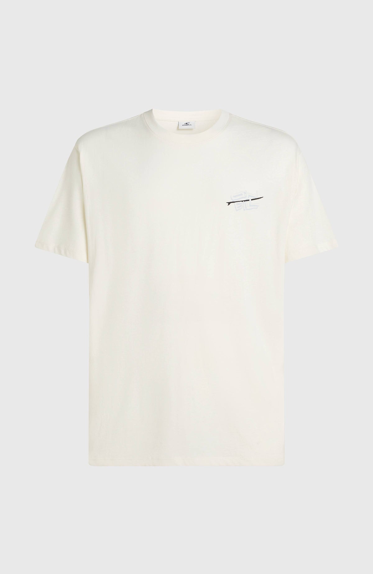 Retro Back-Print T-Shirt für Herren, weiß mit Logo-Print in Schwarz und Hellblau, freigestellt von vorne