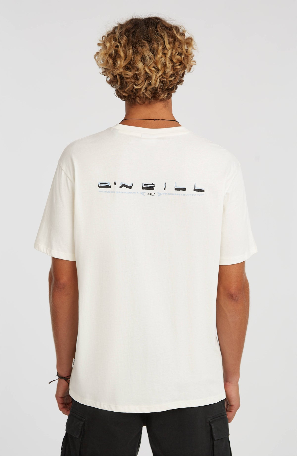Retro Back-Print T-Shirt für Herren, weiß mit Logo-Print in Schwarz und Hellblau, Rückansicht am Model