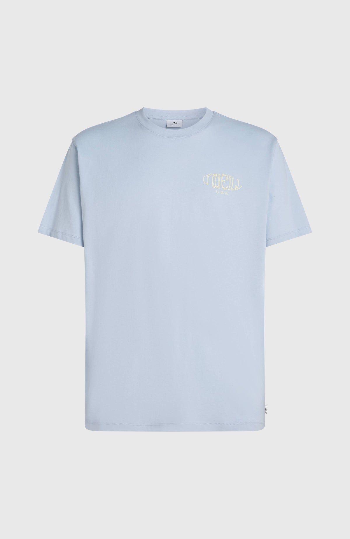 Box Logo T-Shirt für Herren, blau mit Logo-Print in Gelb und Weiß, freigestellt von vorne
