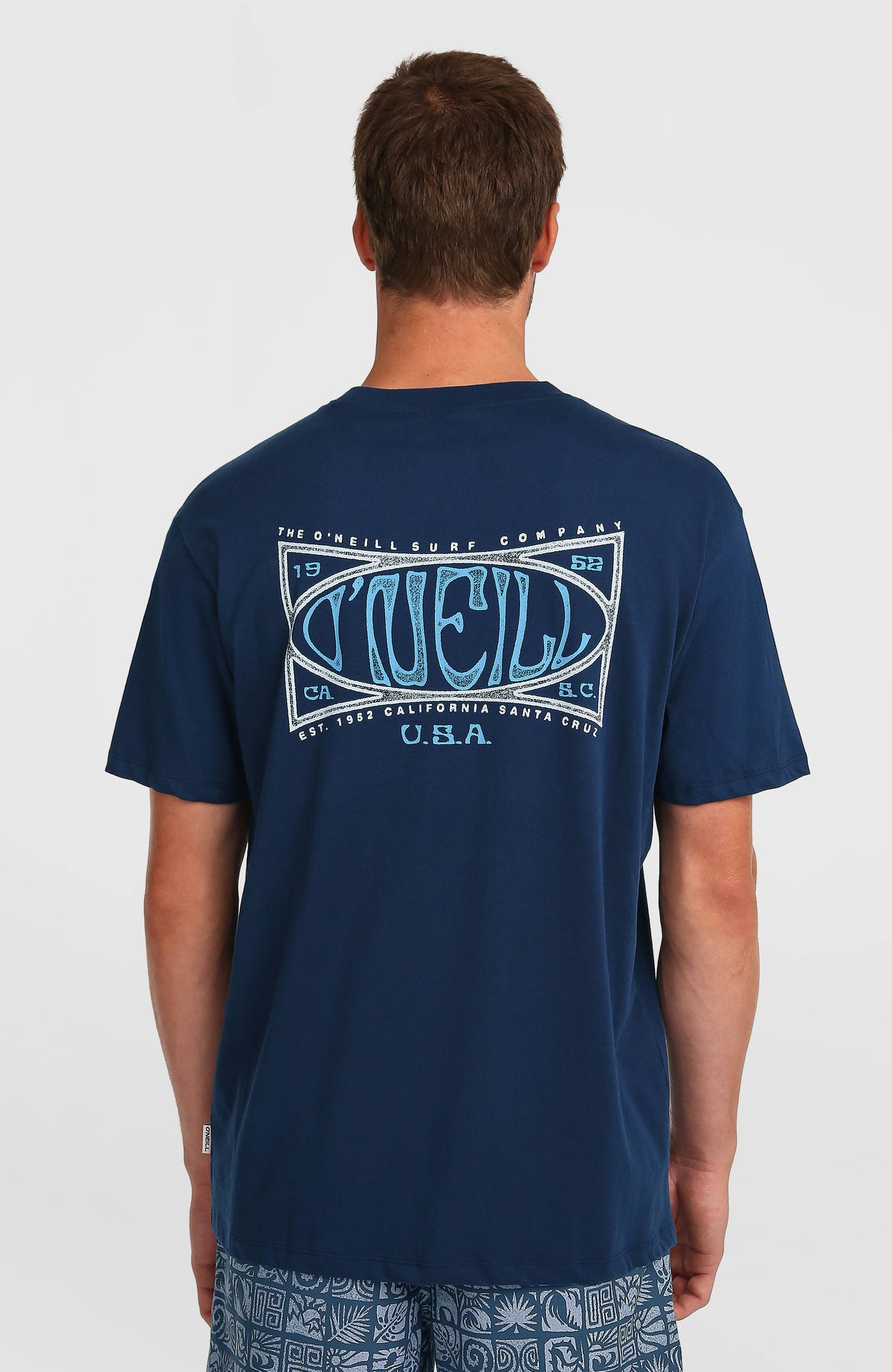Box Logo T-Shirt für Herren, blau mit Logo-Print in Hellblau und Weiß, getragen am Model von hinten