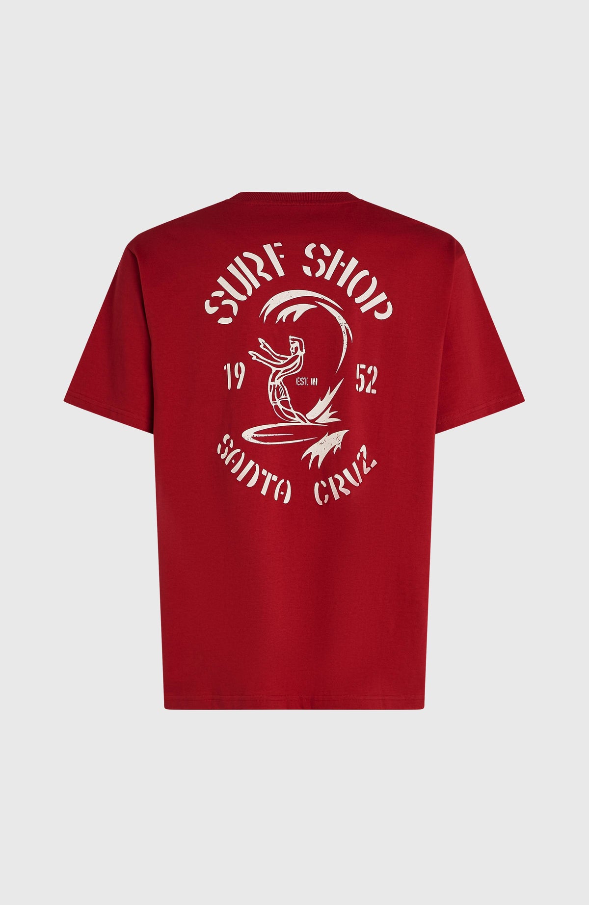O'Riginals Surf Shop T-Shirt für Herren, rot mit Logo-Print in Weiß, flach liegend von hinten
