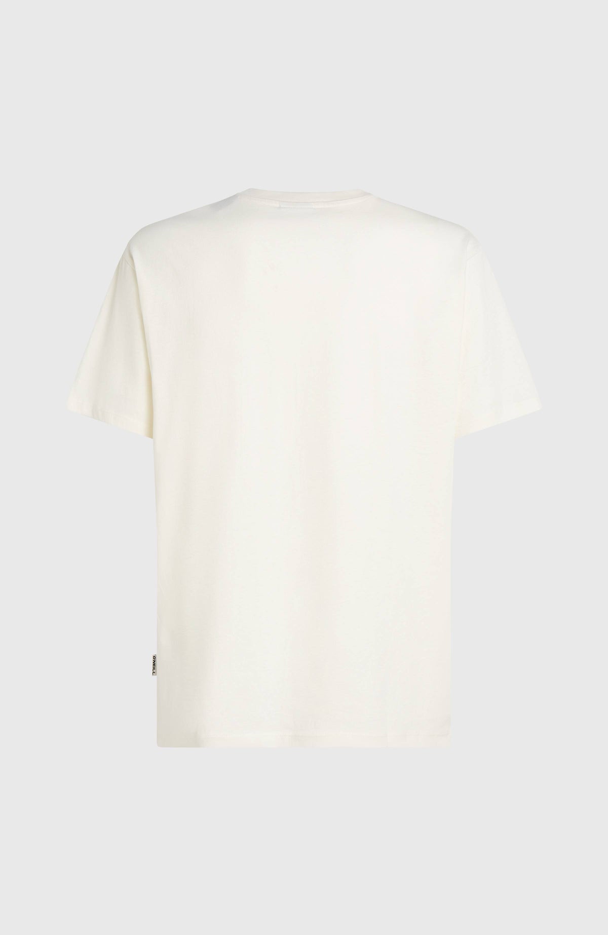 Photo Front-Print T-Shirt für Herren, weiß, freigestellt von hinten mit Logo-Label am Saum