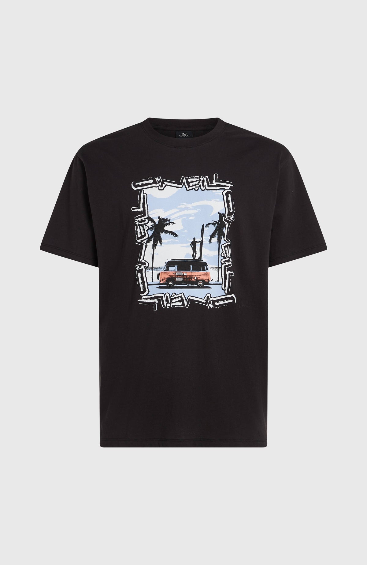 Photo Front-Print T-Shirt für Herren, schwarz mit Foto-Print in Weiß und Hellblau, freigestellt von vorne