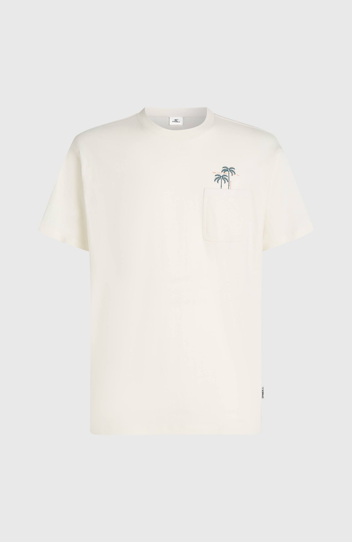 Weißes Chest Pocket T-Shirt für Herren mit Palmen-Print in Grün, freigestellt von vorne mit Brusttasche