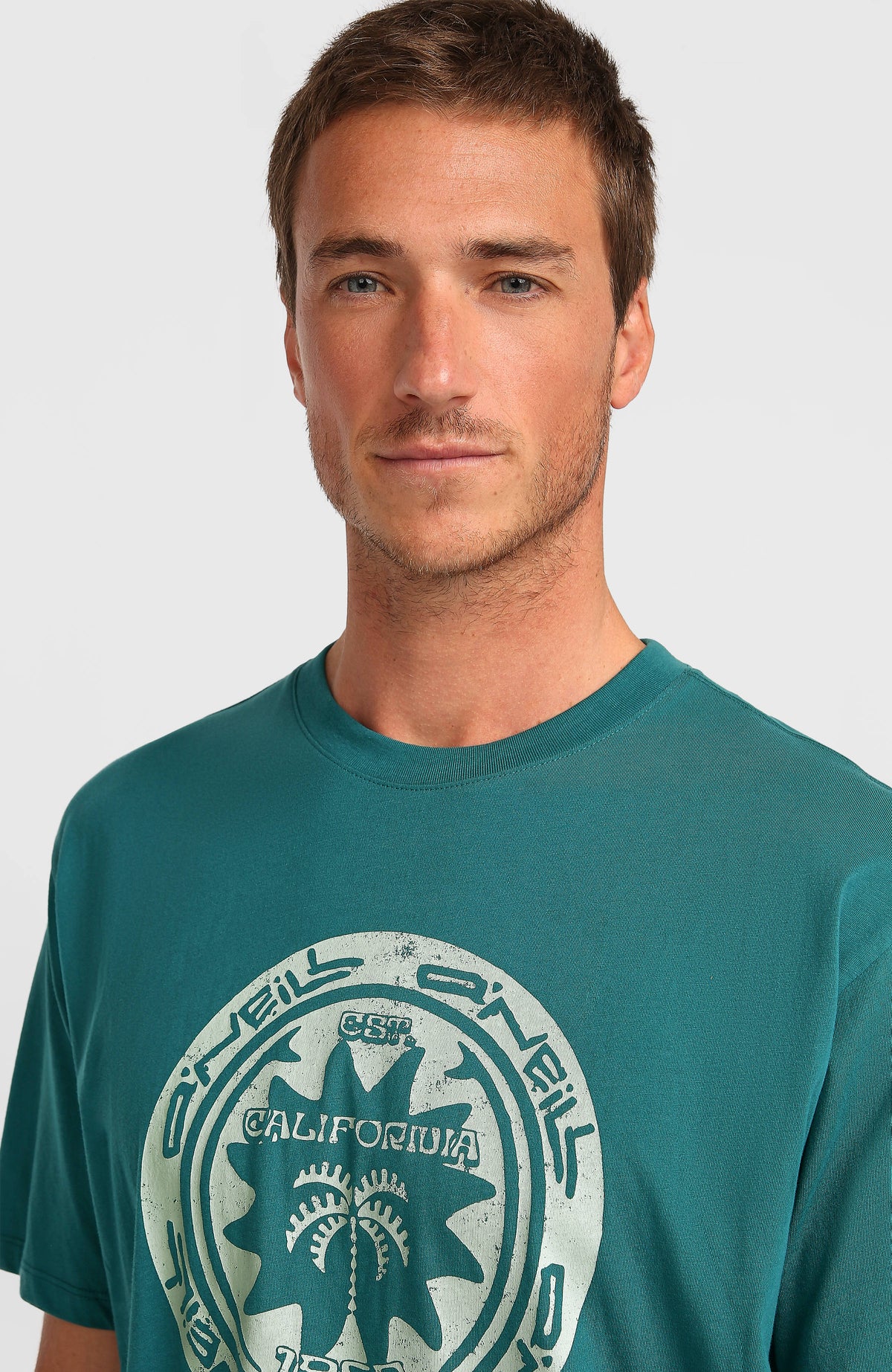 Must-Have Graphic T-Shirt für Herren, grün mit Grafik-Print in Mint, Nahaufnahme des Rundhalsausschnitts