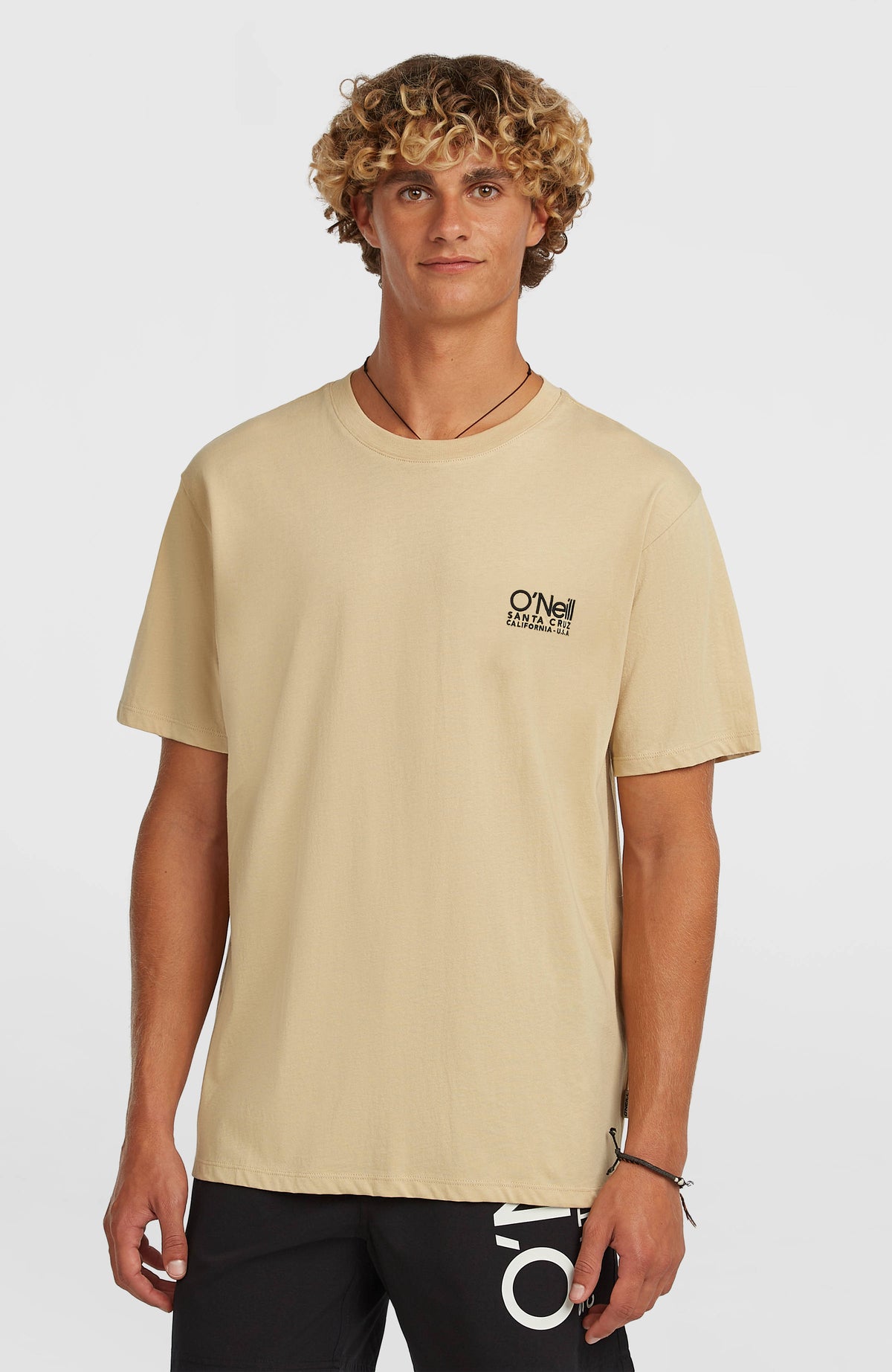 O'Neill Original Cali T-Shirt für Herren, beige mit Logo-Print in Schwarz, Vorderansicht am Model