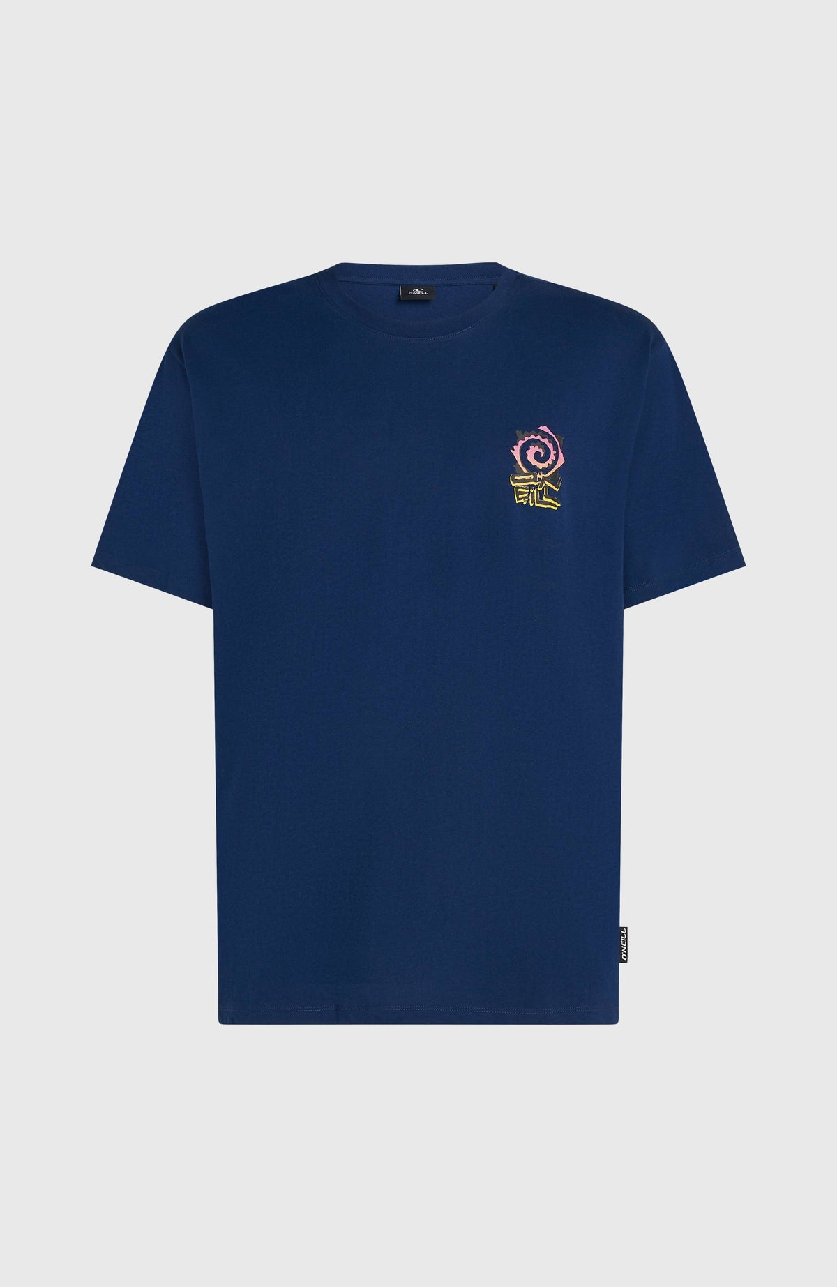 Blaues Chest-Print T-Shirt für Herren mit Grafik-Print in Pink und Gelb, flach liegend von vorne