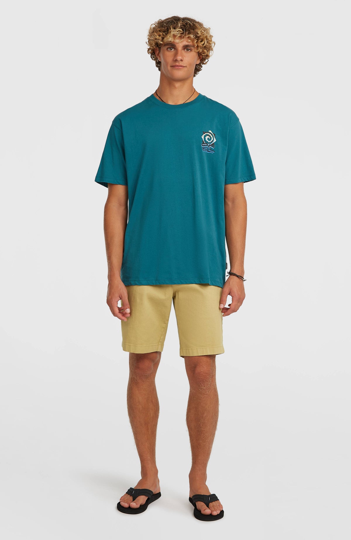 Chest-Print T-Shirt für Herren, grün mit Logo-Print in Blau und Weiß, Ganzkörperansicht am Model