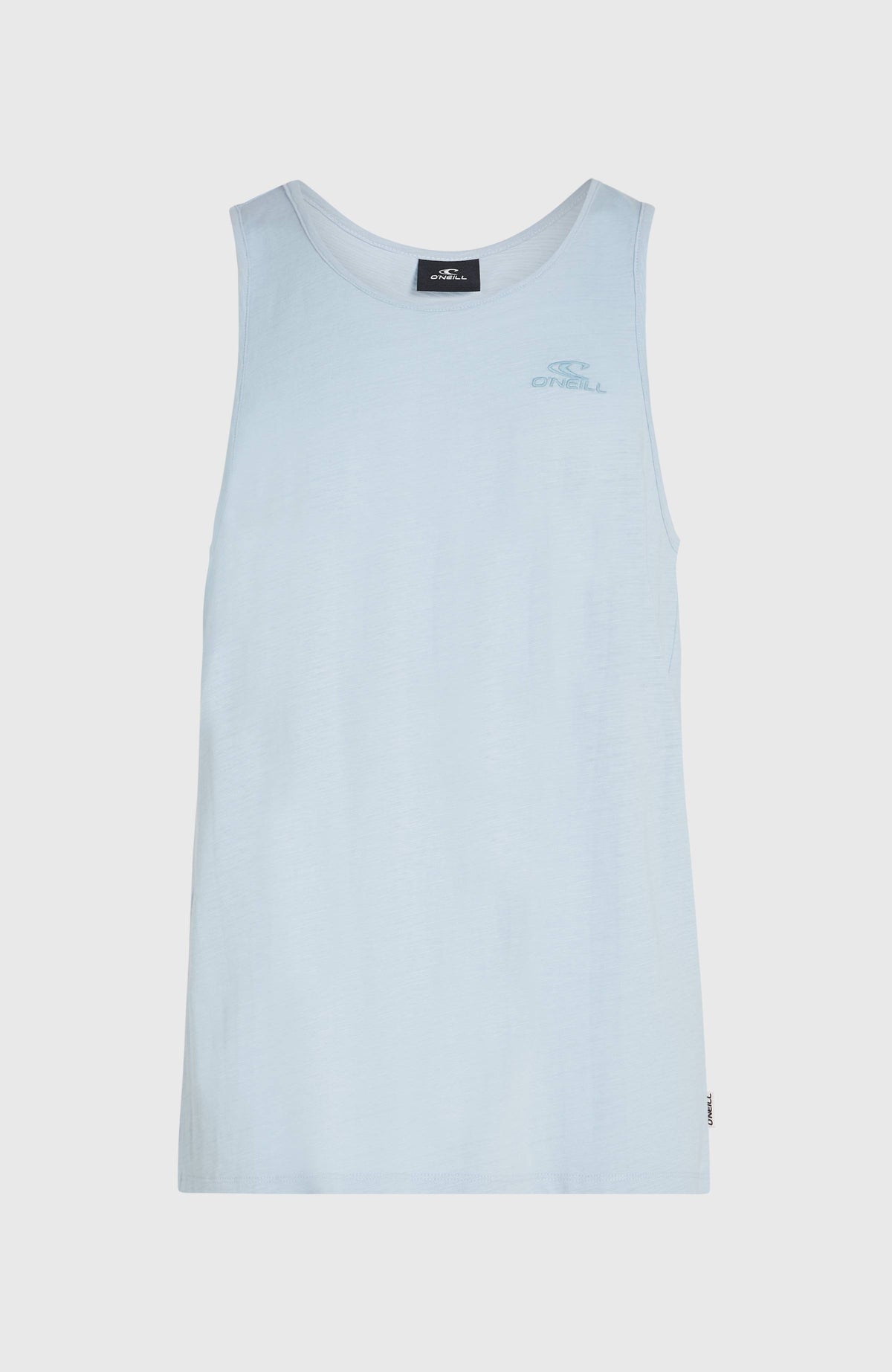 Slub Tanktop für Herren, blau, flach liegend von vorne mit Marken-Schriftzug
