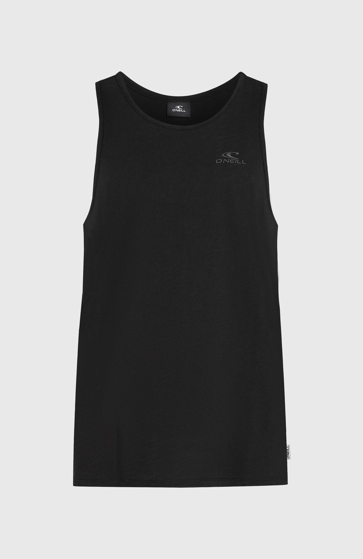 Schwarzes Slub Tanktop für Herren, flach liegend von vorne mit Logo-Print und Rundhalsausschnitt