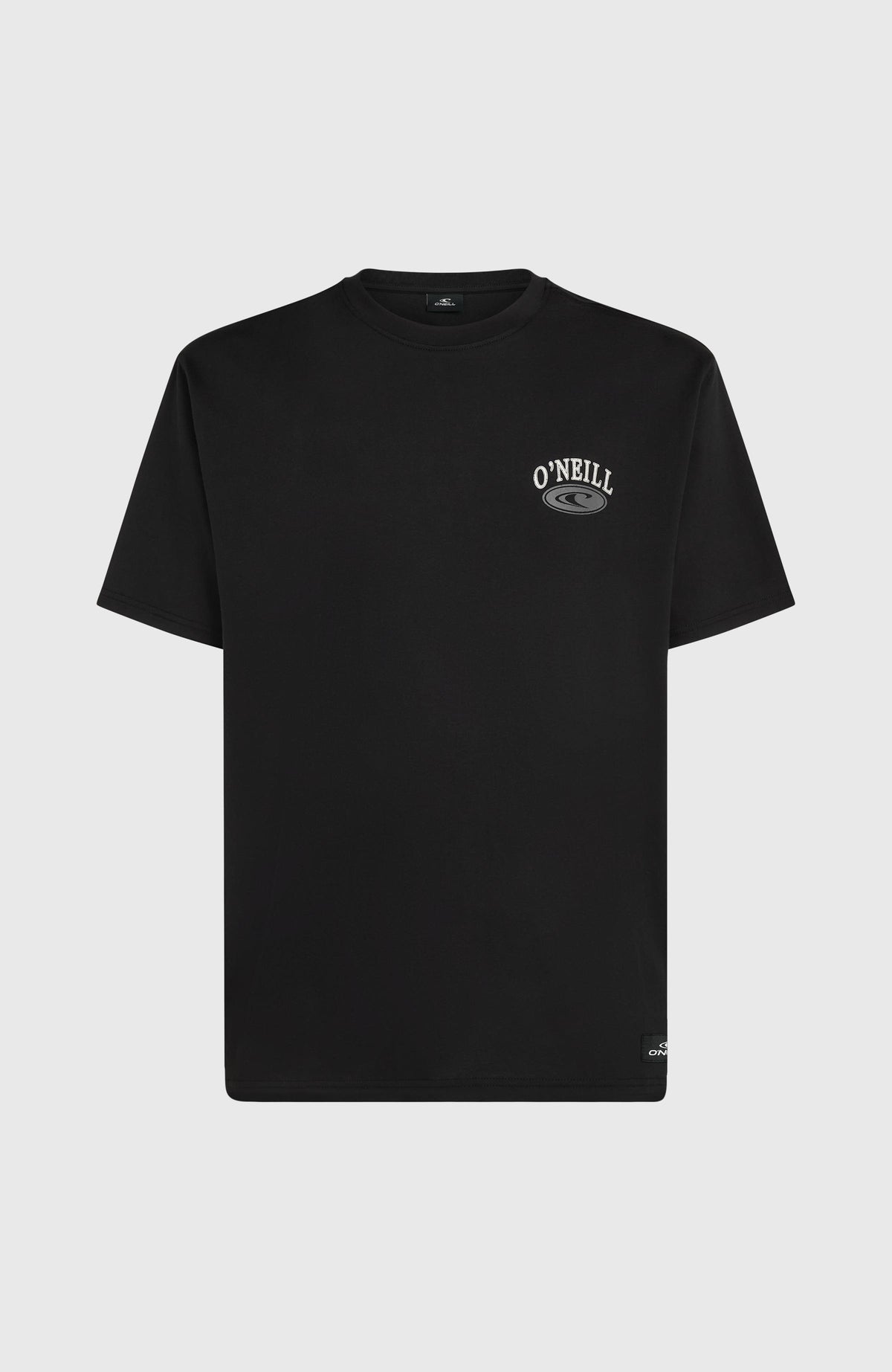 Muir Chest Print T-Shirt für Herren, schwarz mit Logo-Print in Weiß und Grau, freigestellt von vorne