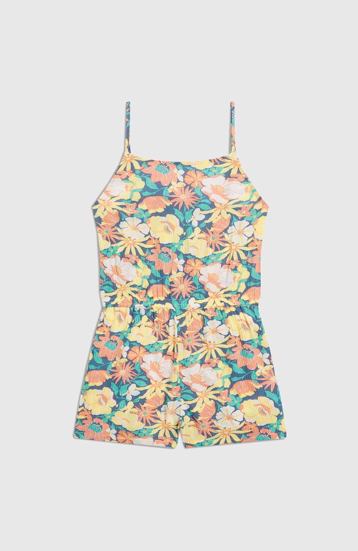 Gewebter Sommer-Playsuit für Mädchen, blau mit Blumenmuster in Gelb und Orange, flach liegend von vorne