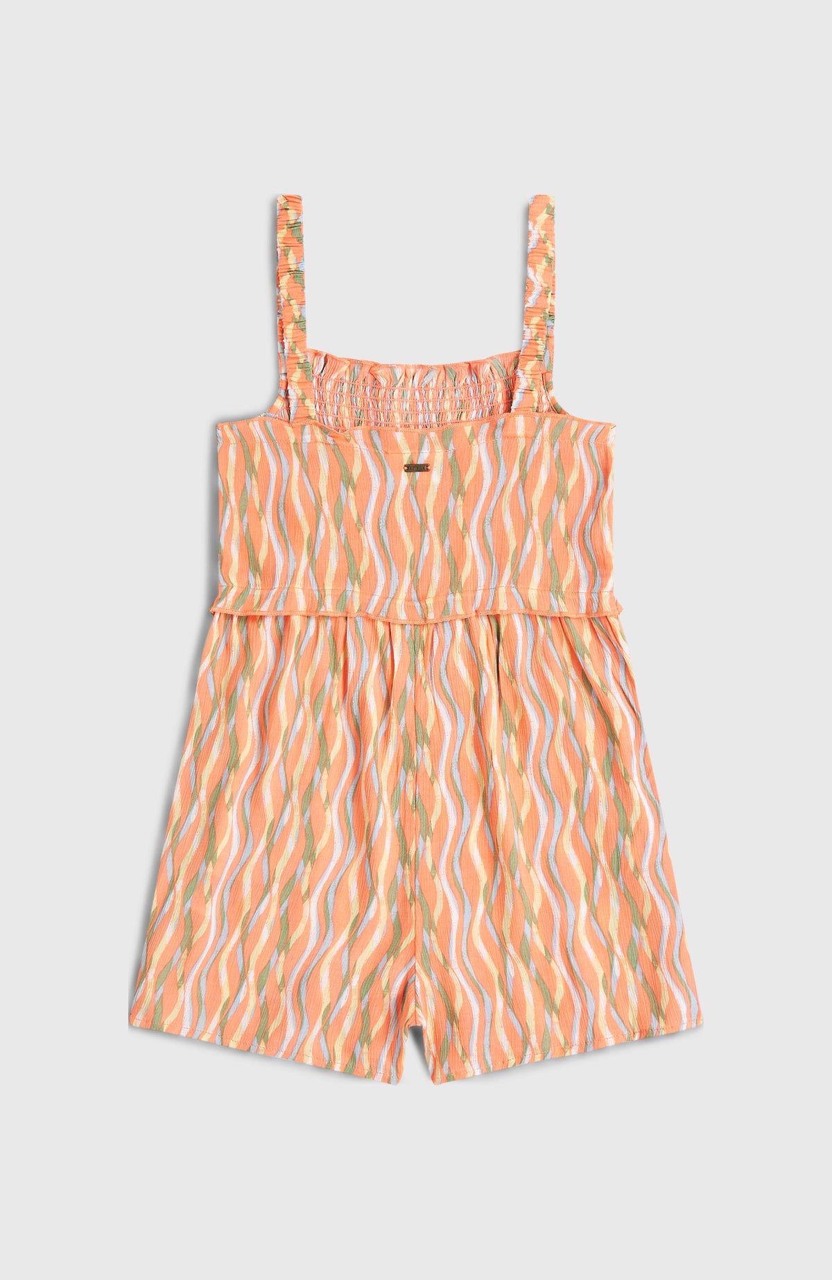 Woven Playsuit für Mädchen, orange mit Wellenmuster in Gelb und Grün, flach liegend von hinten