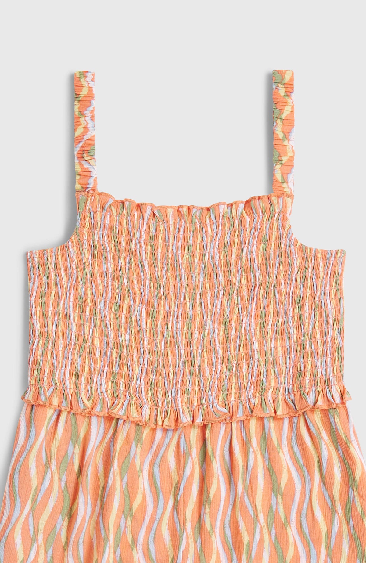 Woven Playsuit, orange mit Wellenmuster in Gelb und Grün, Nahaufnahme des Oberteils flach liegend