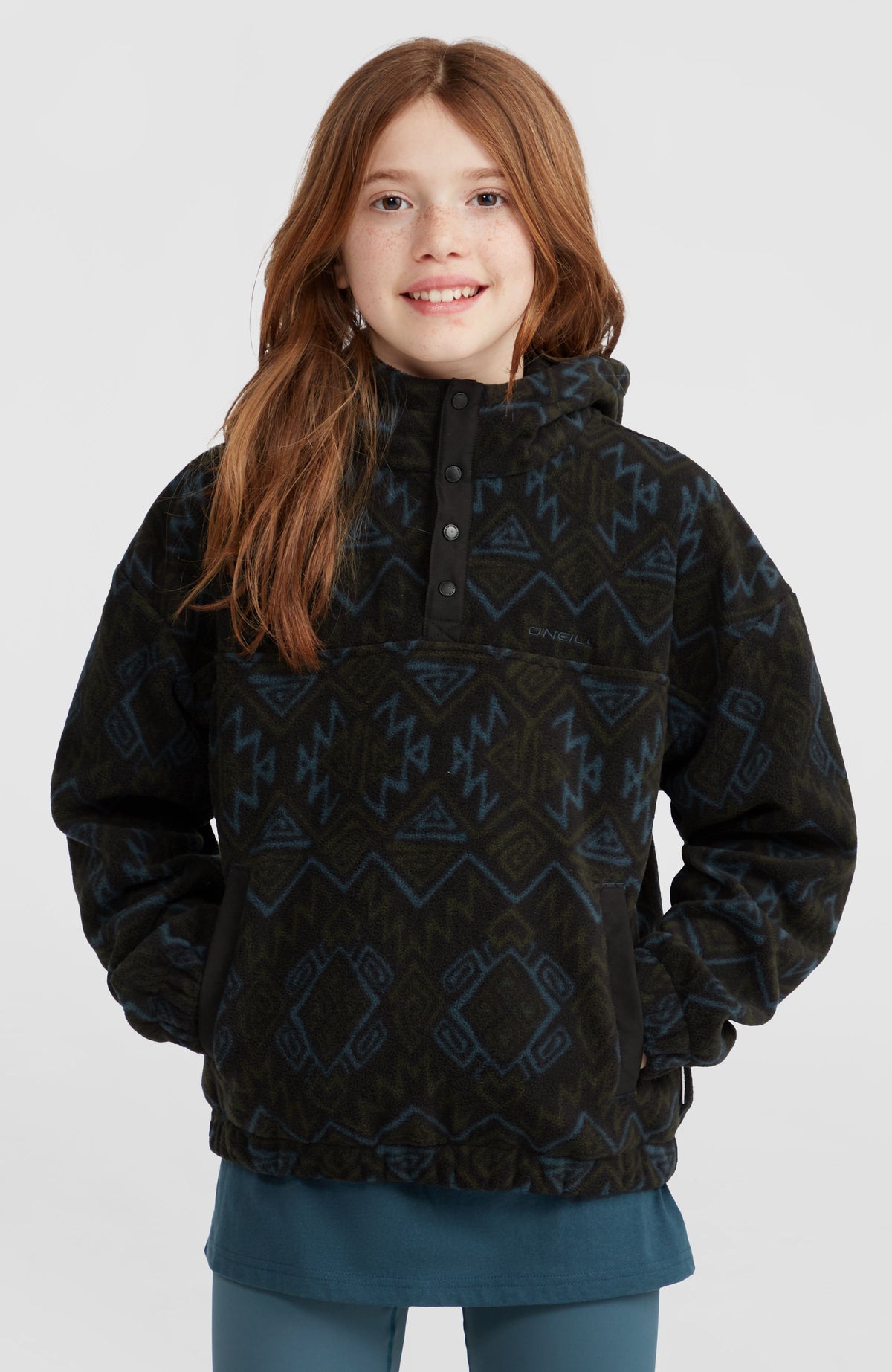 Superfleece Hoodie mit Halbreißverschluss | Black Retro Ikat