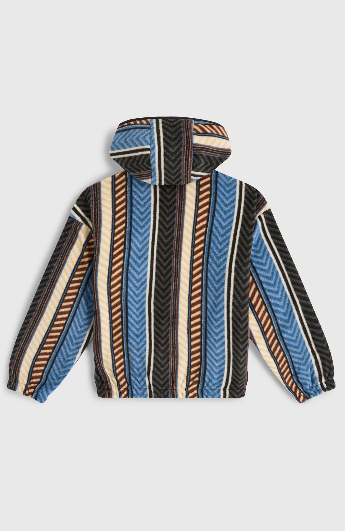 Blauer Superfleece Hoodie für Mädchen mit Streifenmuster in Braun und Beige, flach liegend von hinten