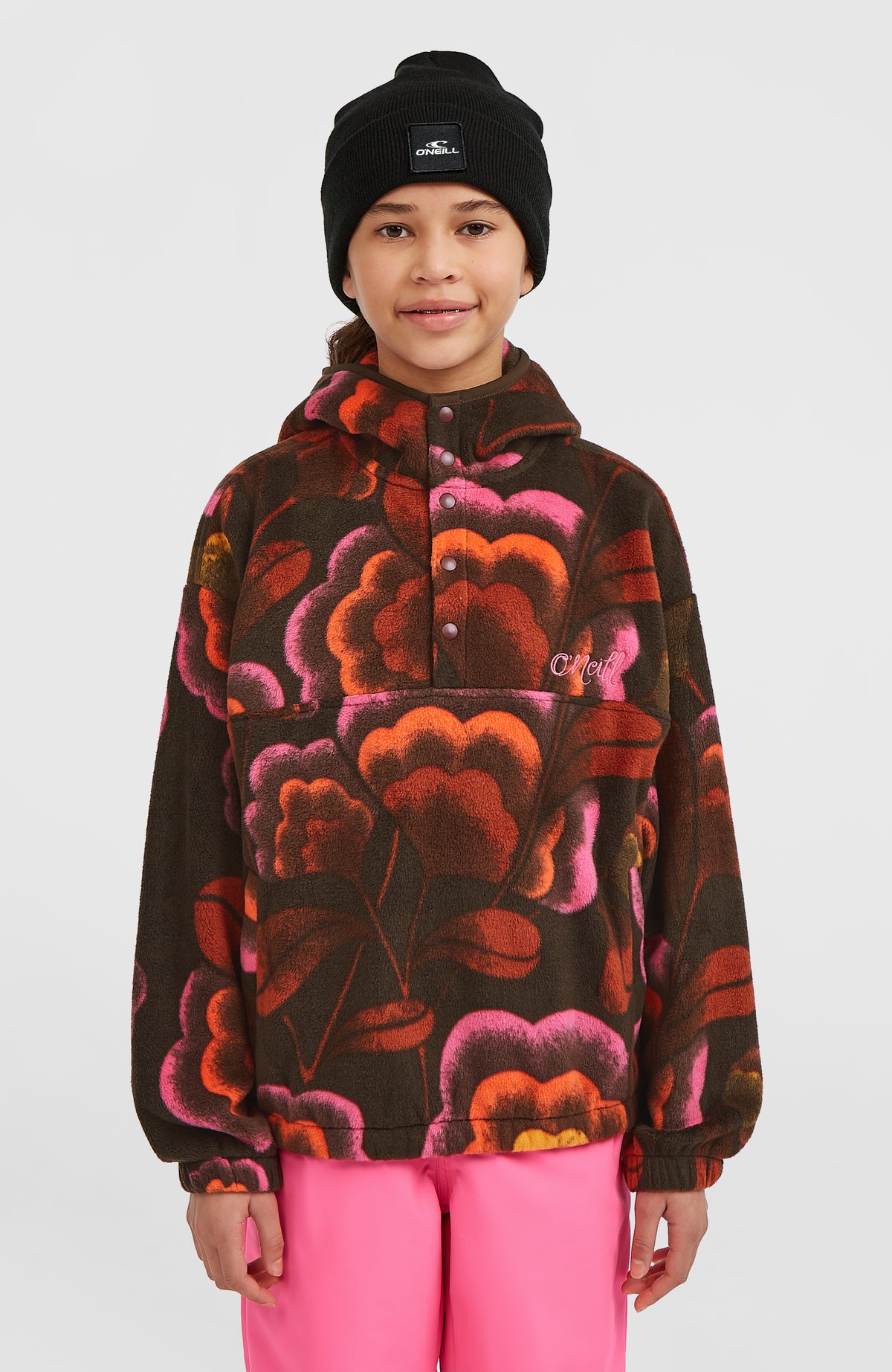O'Neill Superfleece Hoodie mit Halbreißverschluss für Mädchen, braun mit Blumenmuster in Pink und Orange, Vorderansicht