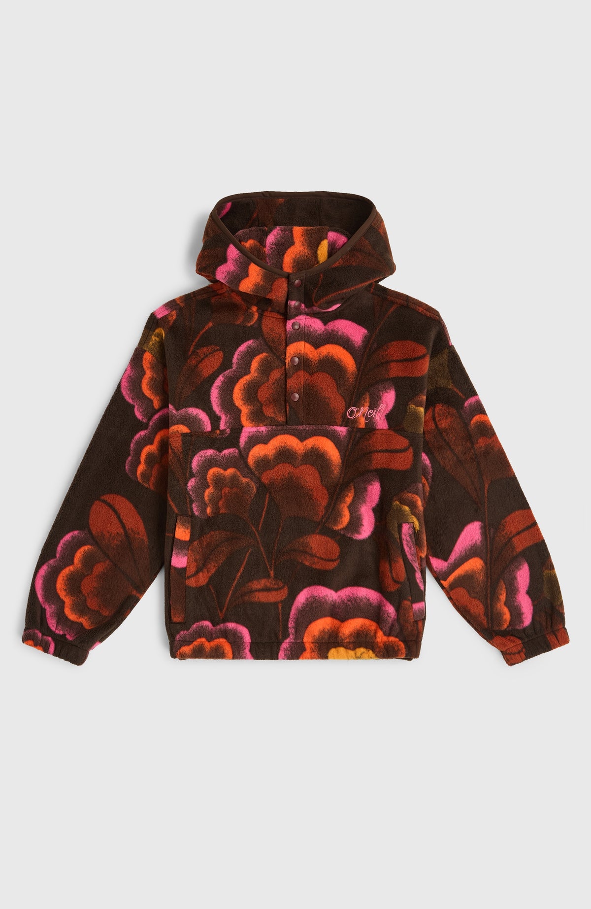 Superfleece Hoodie für Mädchen, braun mit Blumenmuster in Pink und Orange, flach liegend von vorne