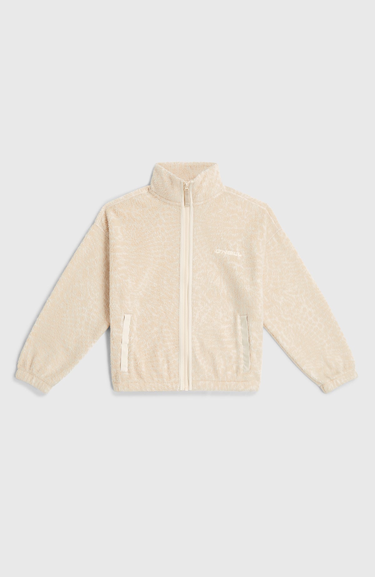 Flauschige Fleecejacke für Mädchen, beige, flach liegend von vorne mit Seitentaschen