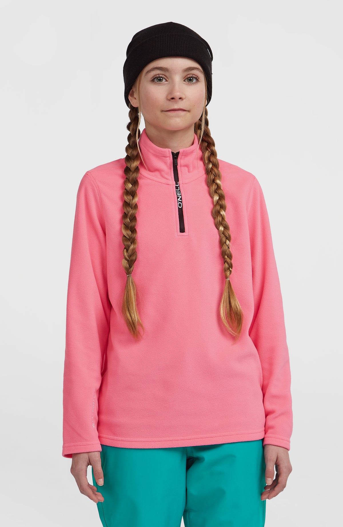 O'Neill FWC'Cruz Jack's Polartec® Fleecepullover mit Halbreißverschluss für Mädchen, pink, Vorderansicht am Model