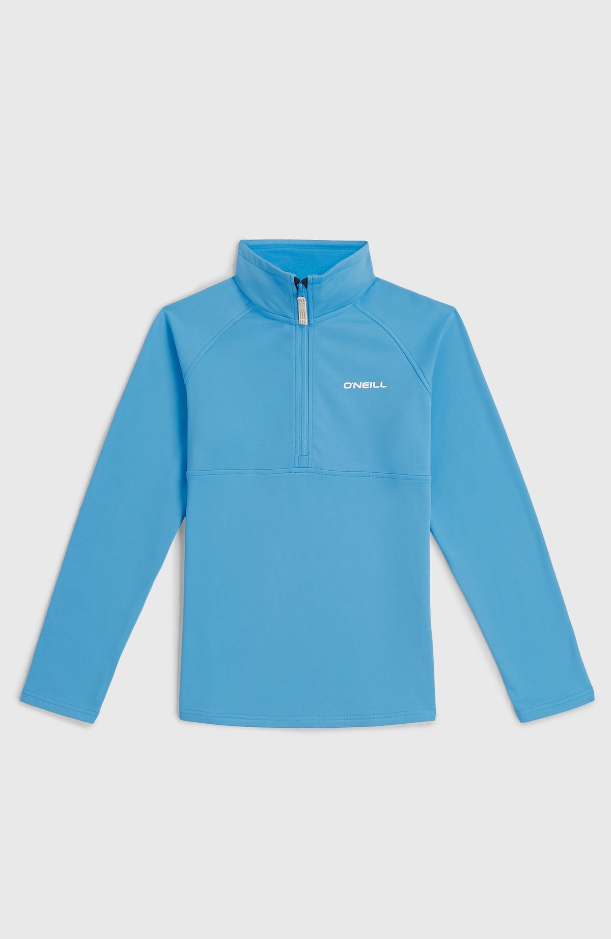 FWC'Cruz Fleecepullover für Mädchen, blau, flach liegend von vorne mit kurzem Reißverschluss und Raglannähten