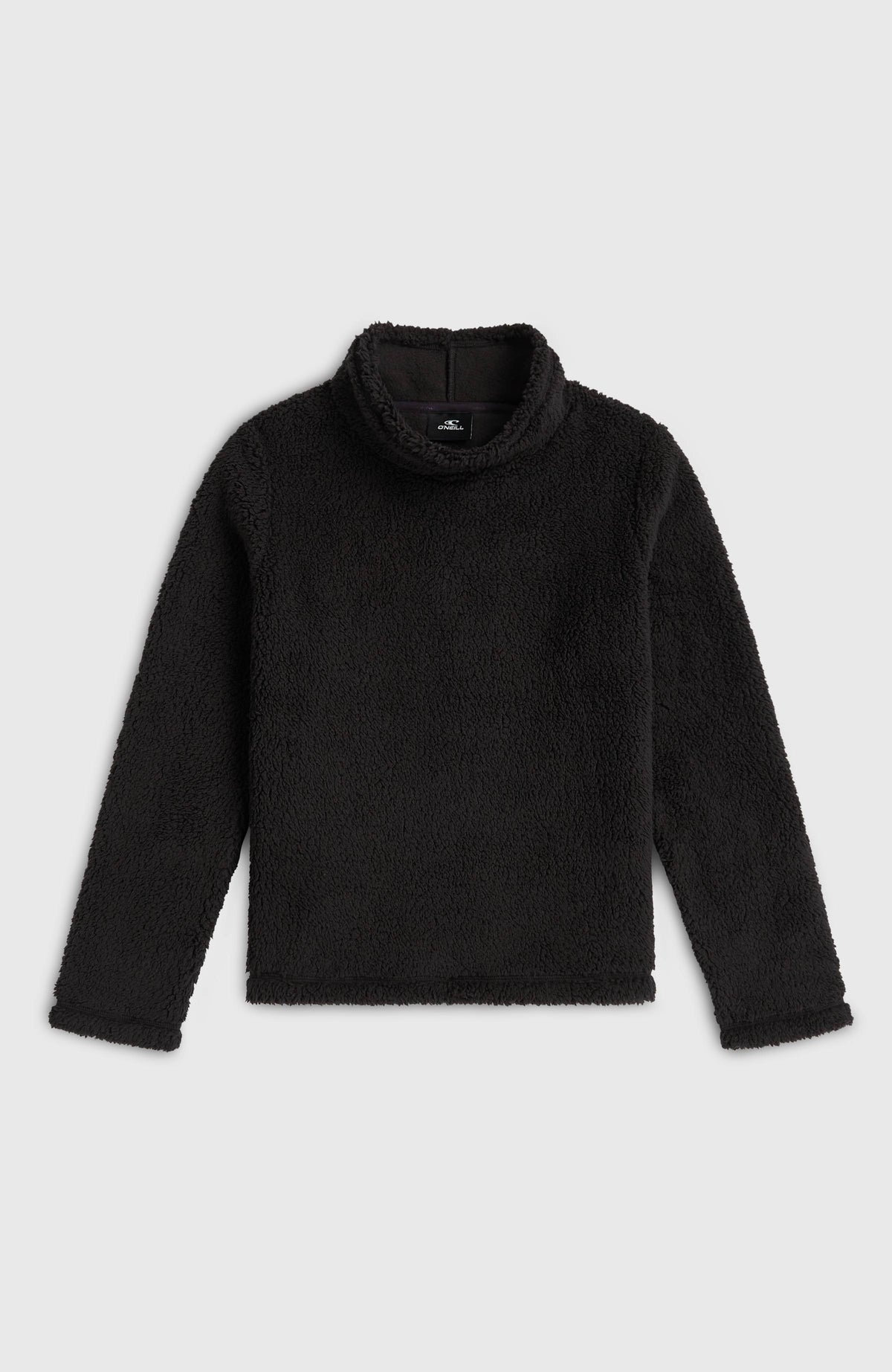 Kuscheliger FWC'Cruz Fleecepullover für Mädchen, schwarz, flach liegend von vorne mit weitem Stehkragen