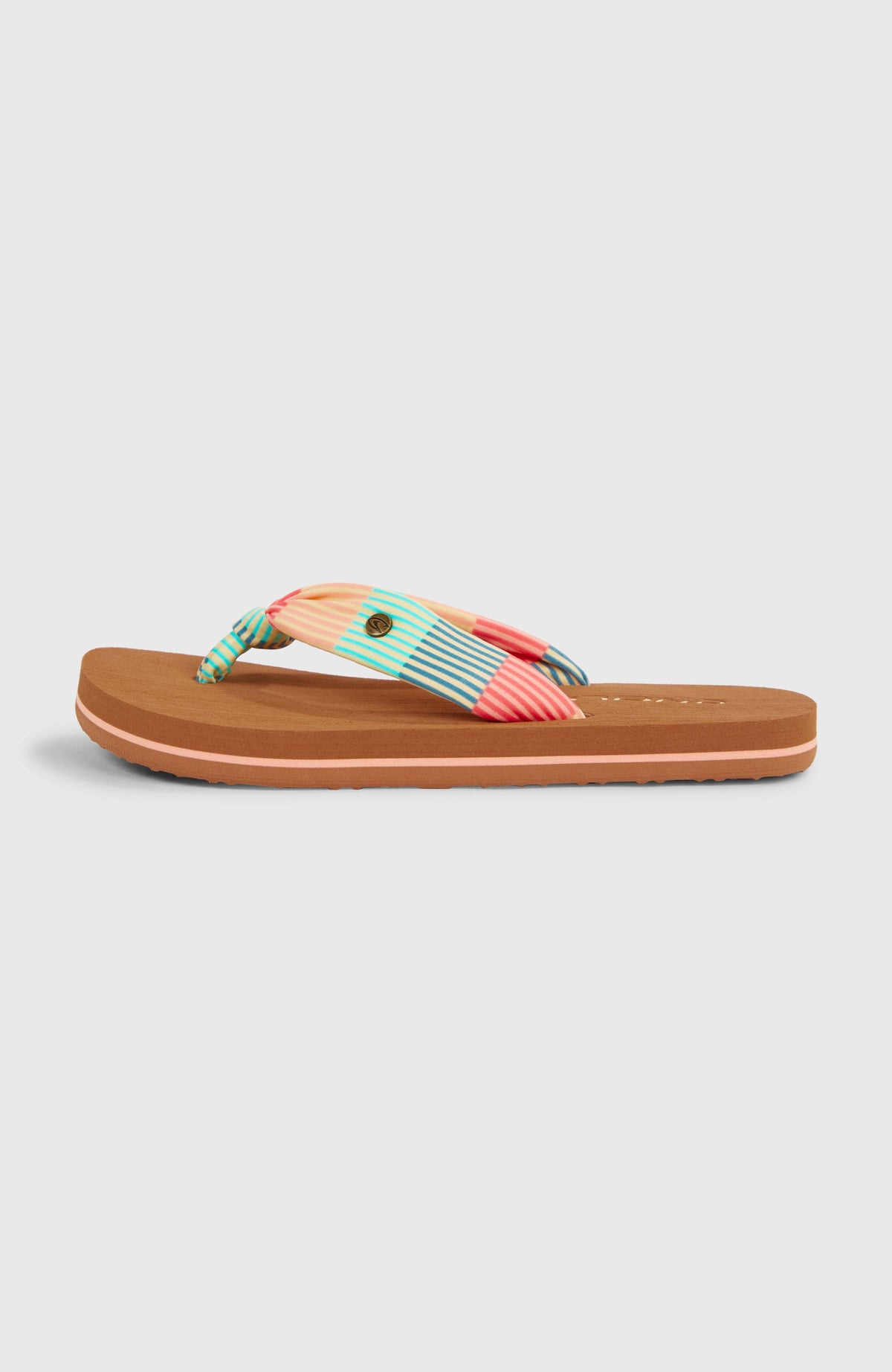 Ditsy Sun Sandalen für Mädchen, grün mit Streifenmuster in Rosa und Türkis, Einzelschuh freigestellt von der Seite