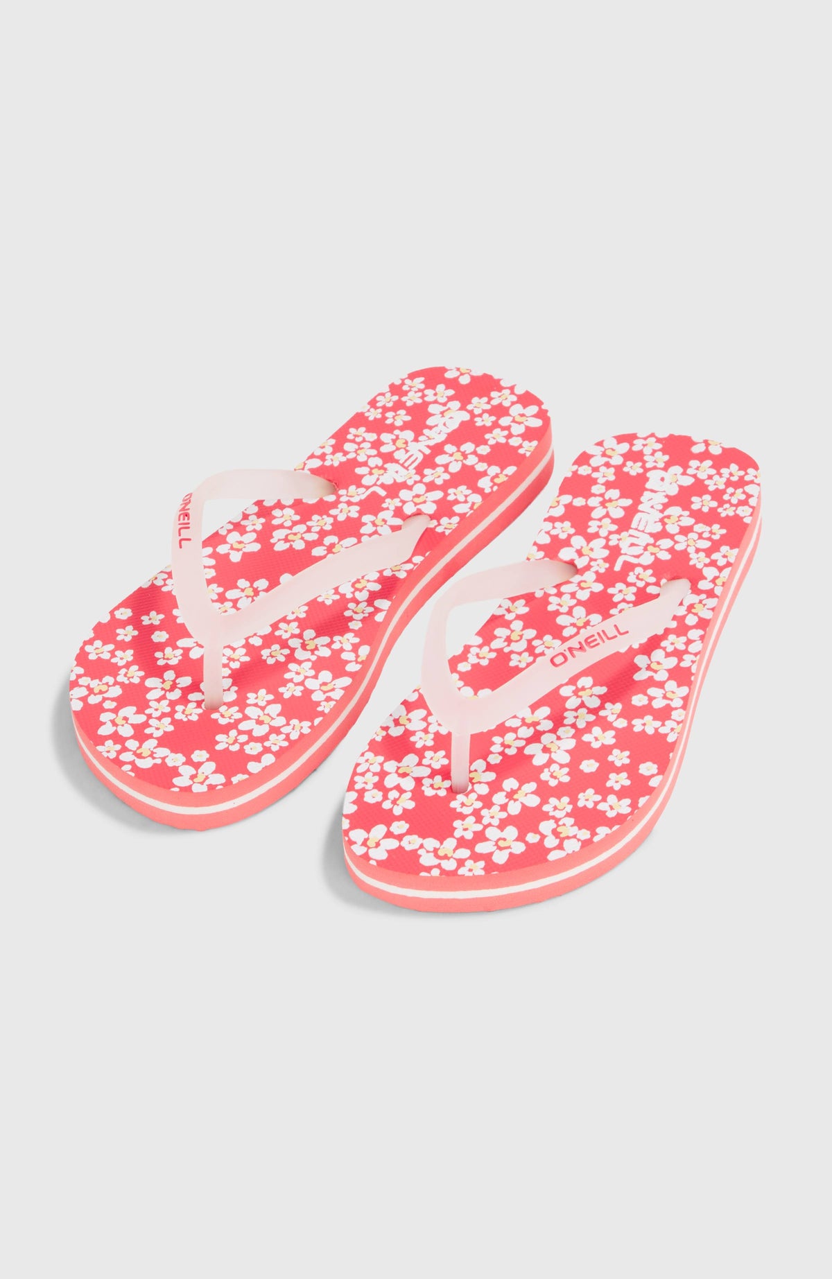 O'Neill Profile Graphic Sandalen für Mädchen, pink mit Blumenmuster in Weiß, freigestellt von schräg oben