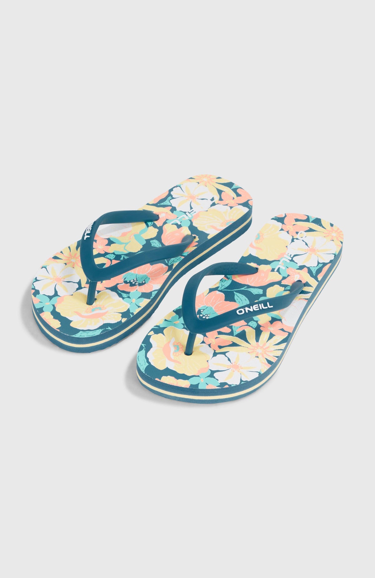 O'Neill Profile Graphic Sandalen für Mädchen, blau mit Blumenmuster in Gelb und Weiß, freigestellt von schräg oben