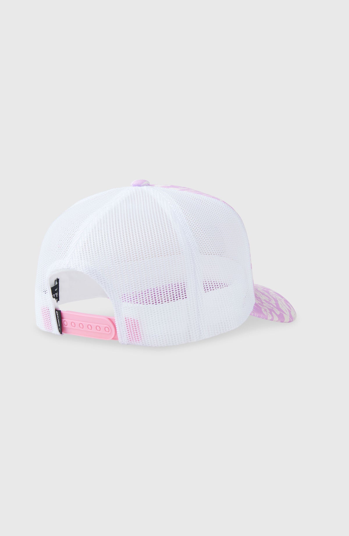 Summer Camp Trucker Cap für Mädchen, lila mit Pflanzenmuster in Weiß, freigestellt von hinten, Snapback-Verschluss