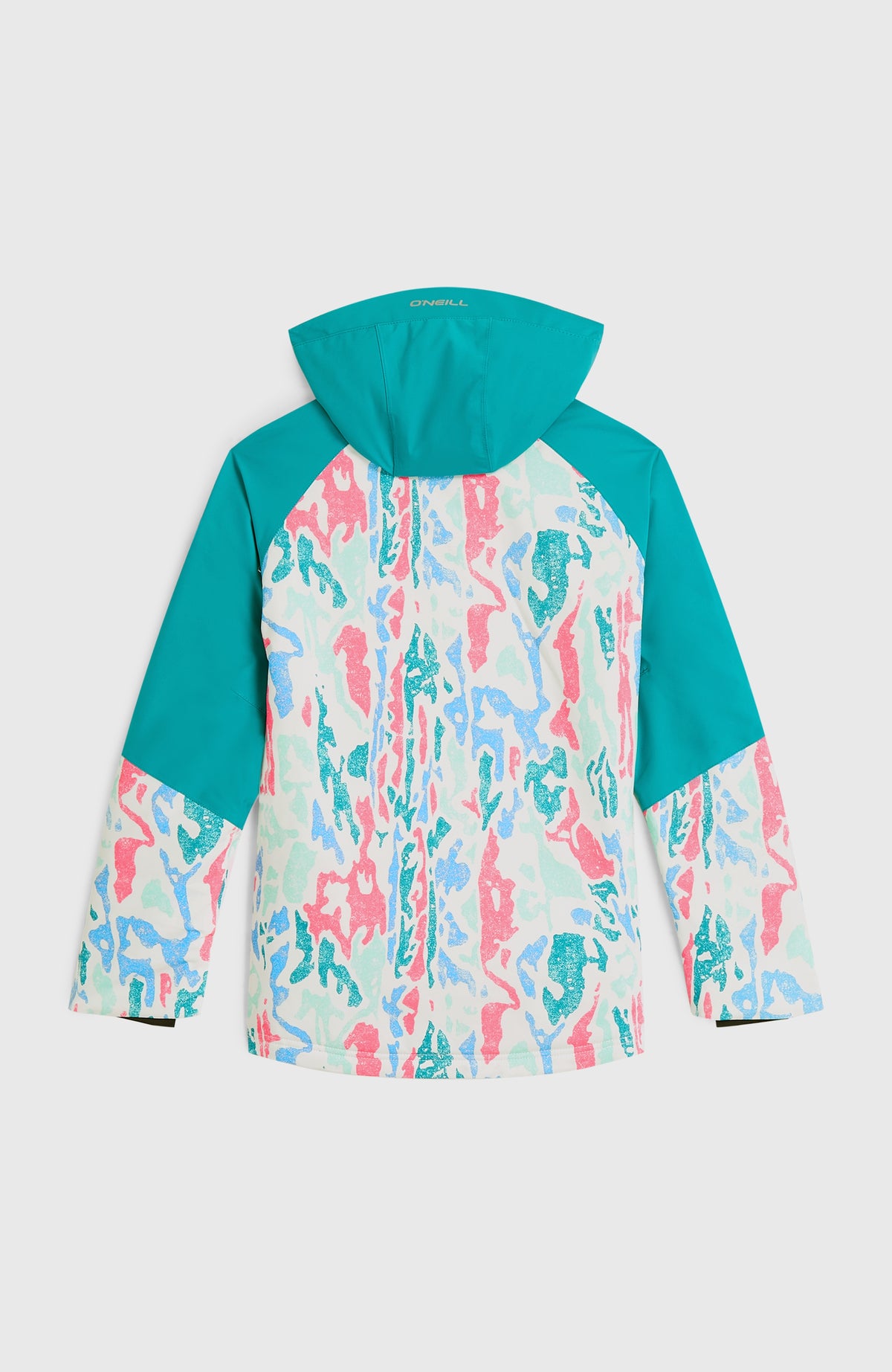 FWC'Play Ski- und Snowboardjacke für Mädchen, weiß mit Muster in Pink und Türkis, flach liegend von hinten
