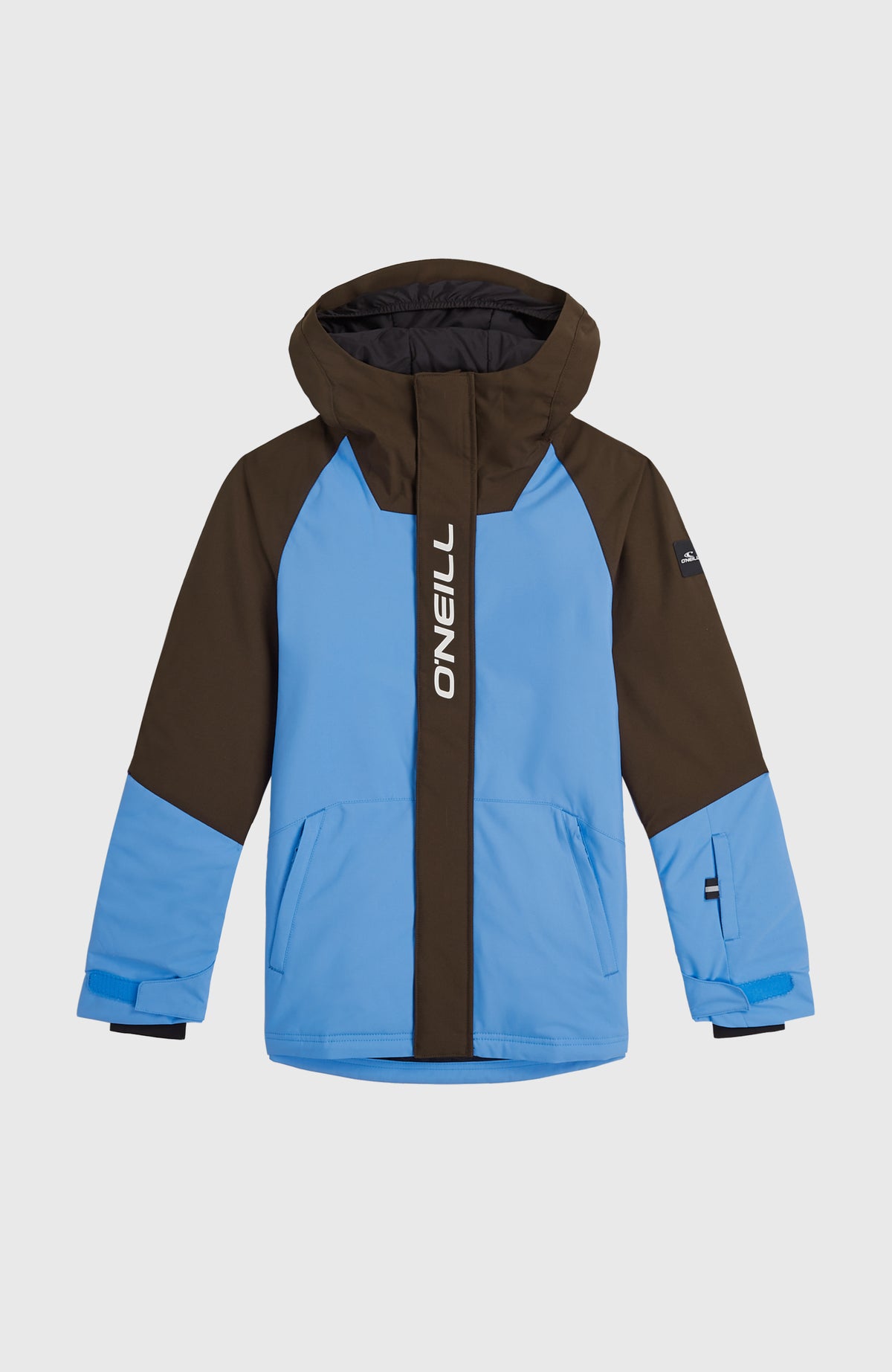 O'Neill FWC'Play Ski- und Snowboardjacke für Mädchen, blau, flach liegend von vorne mit Kapuze und Reißverschlussblende