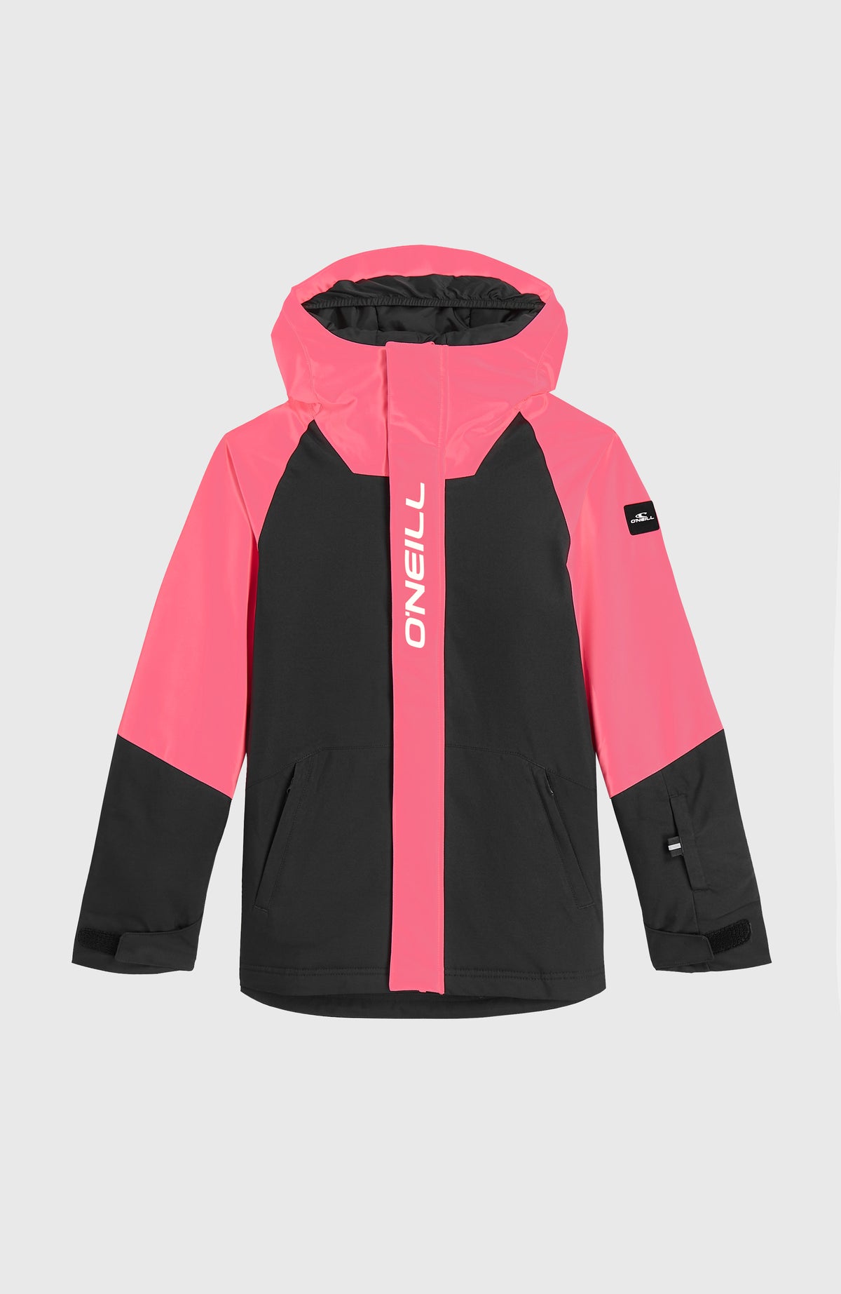 FWC'Play Ski- und Snowboardjacke für Mädchen, schwarz, flach liegend von vorne mit Logo-Schriftzug