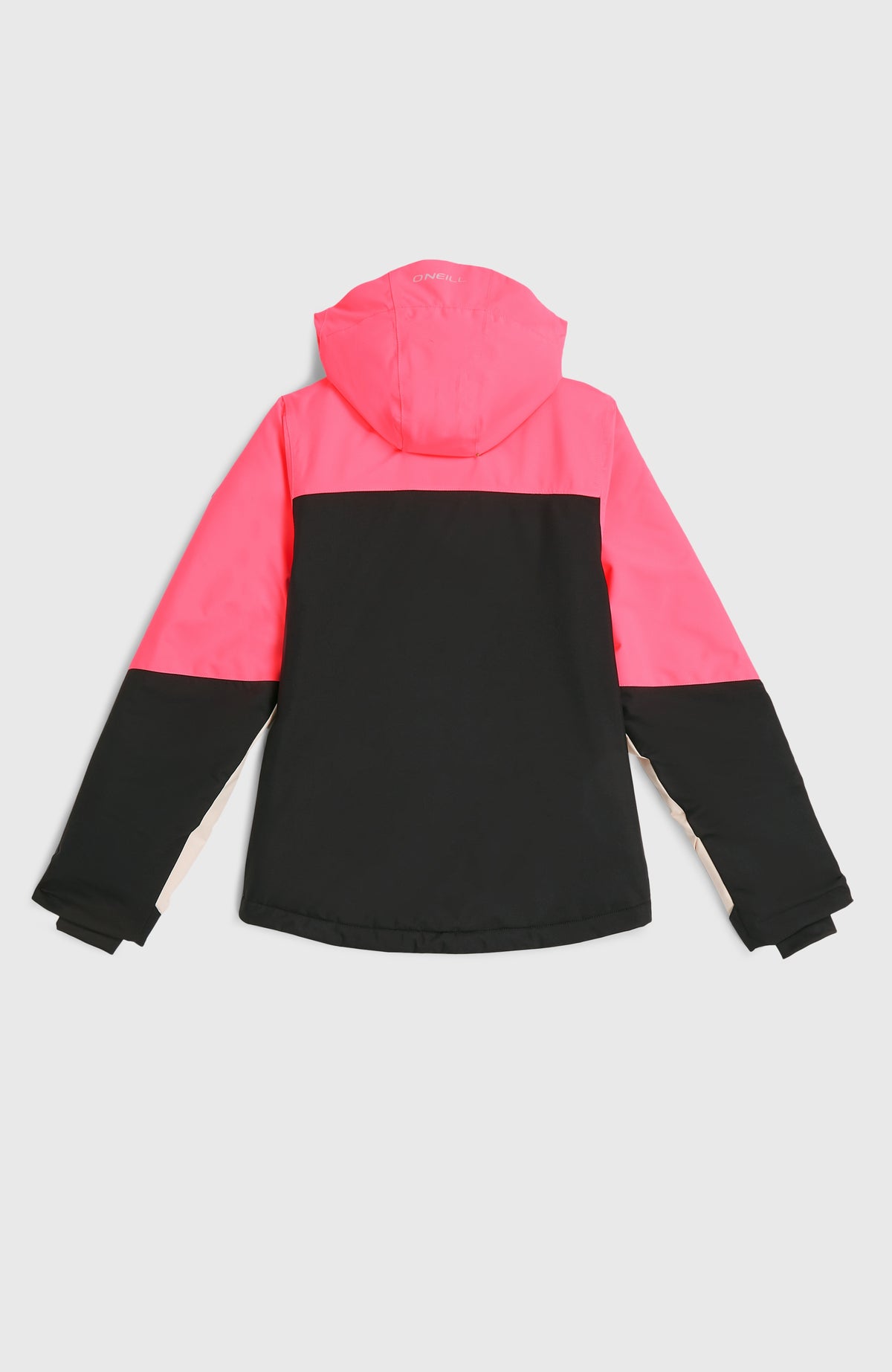 FWC'Cruz Triple Skijacke für Mädchen, schwarz, flach liegend von hinten mit Kapuze und Logo