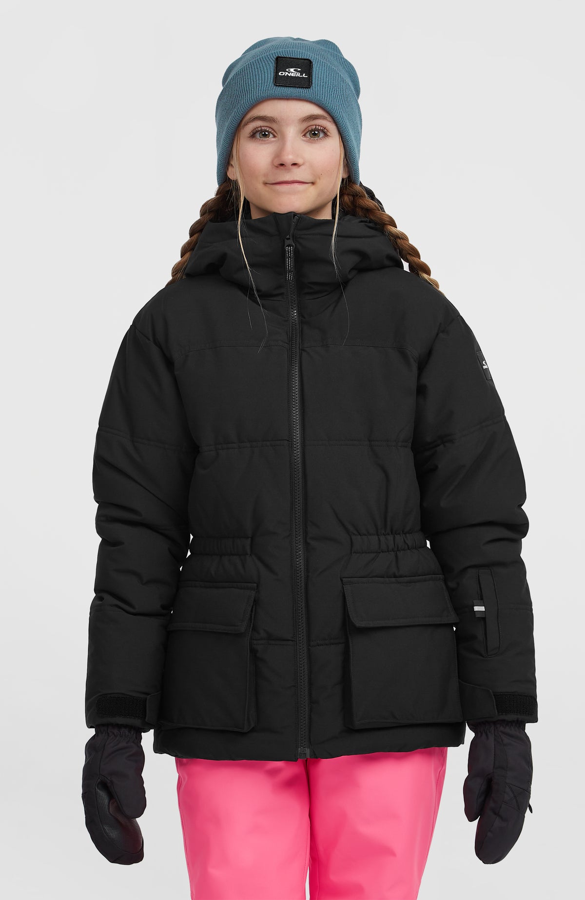 O'Neill Gesteppte FWC'Cruz Skijacke für Mädchen, schwarz, Vorderansicht am Model