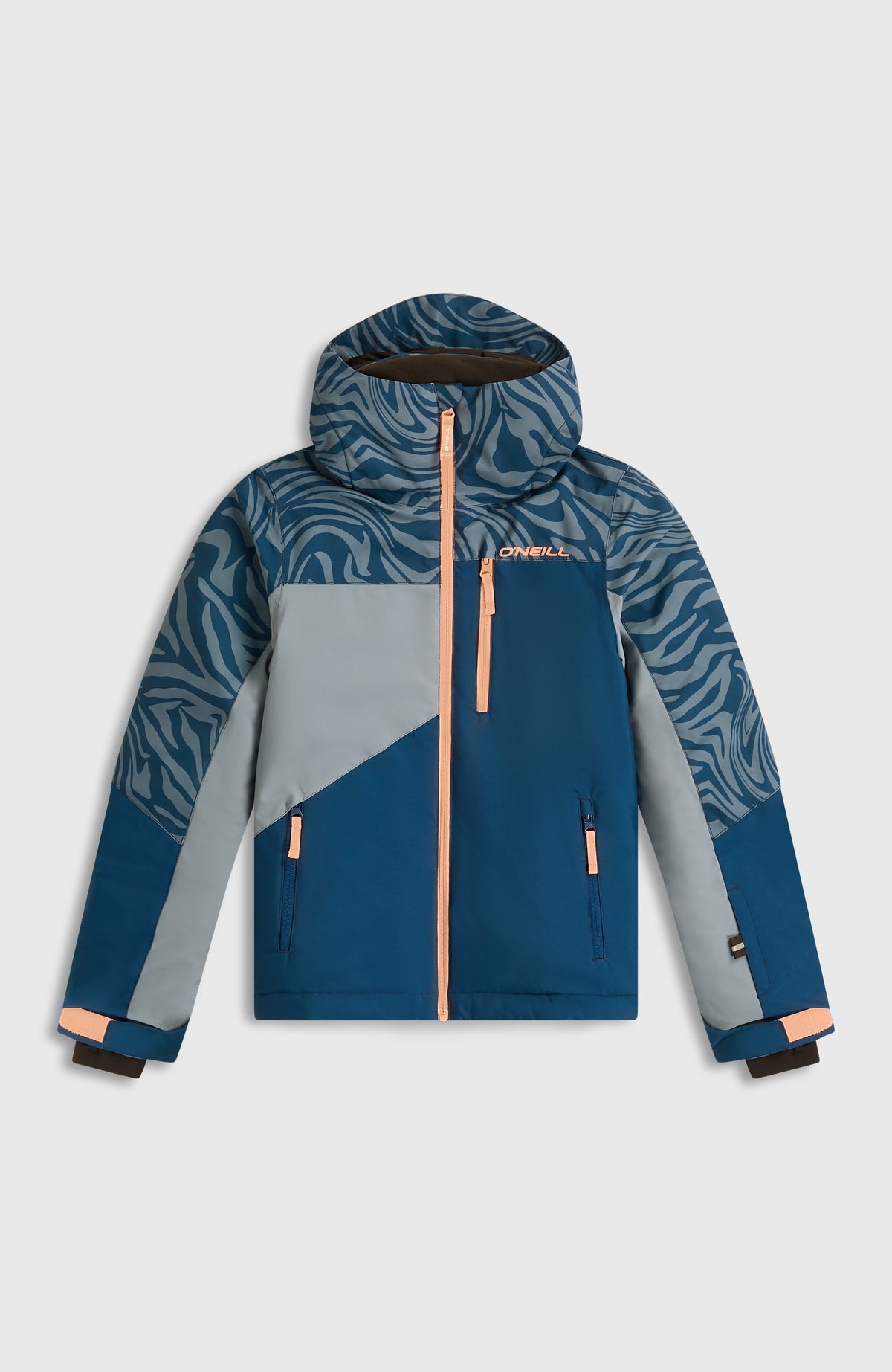 FWC'Cruz Triple Skijacke für Mädchen, blau mit Zebramuster in Grau, flach liegend von vorne mit Reißverschluss