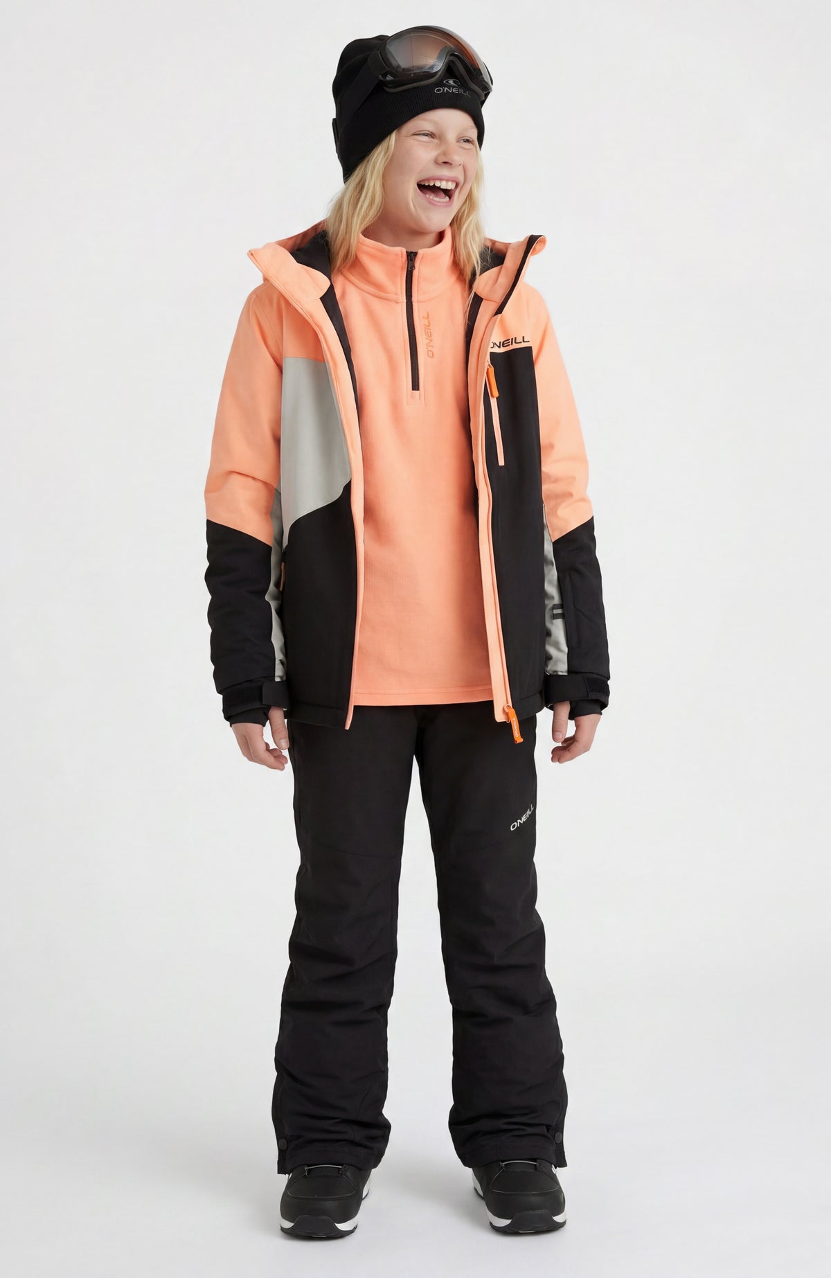 FWC'Cruz Triple Skijacke für Mädchen, orange, Ganzkörperansicht mit geöffnetem Frontreißverschluss, am Model