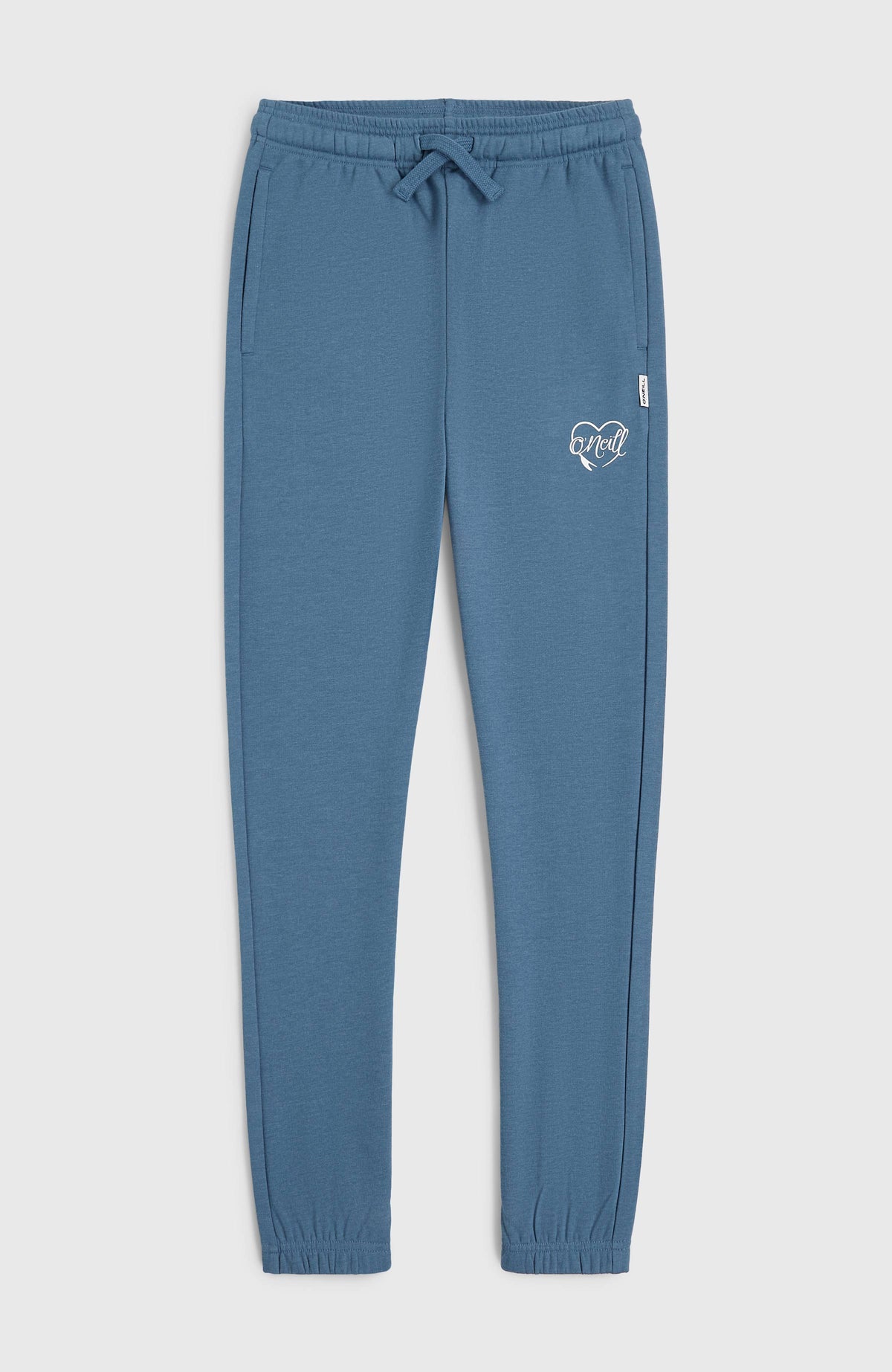 Script Jogginghose für Mädchen, blau mit Logo-Print in Weiß, flach liegend von vorne mit Kordelzug