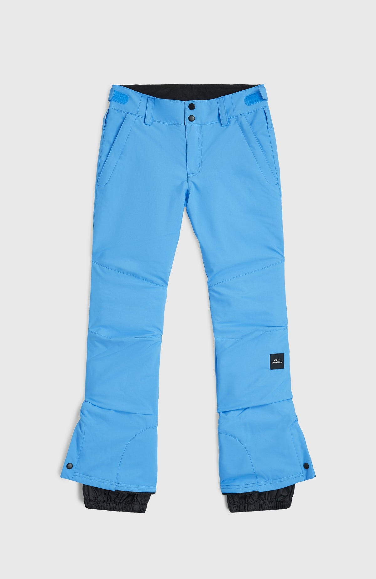 O'Neill FWC'Cruz Skihose für Mädchen, blau, flach liegend von vorne mit Knöpfen am Bund und Schneefang