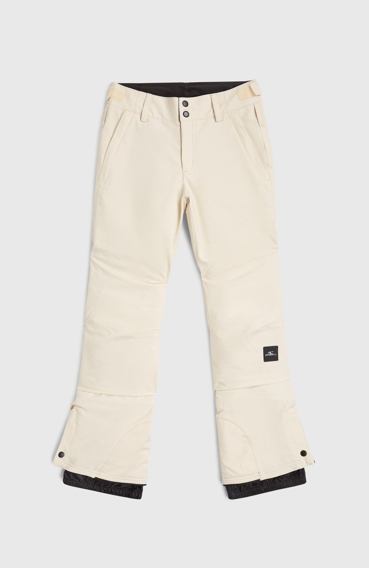 O'Neill FWC'Cruz Skihose für Mädchen, beige, flach liegend von vorne mit Logo-Patch am Bein