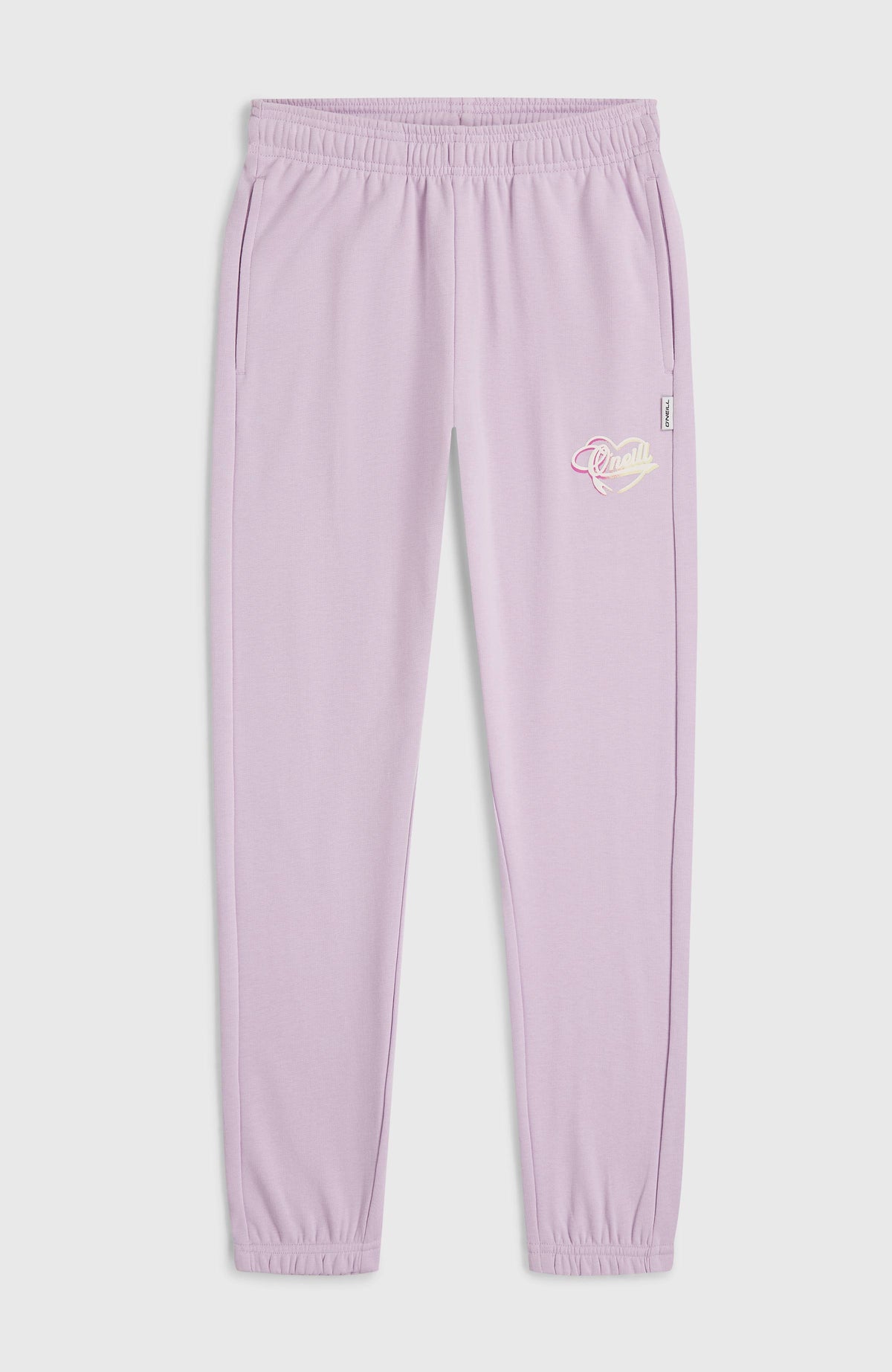 Essentials Script Jogginghose für Mädchen, lila, flach liegend von vorne mit elastischem Bund und Taschen