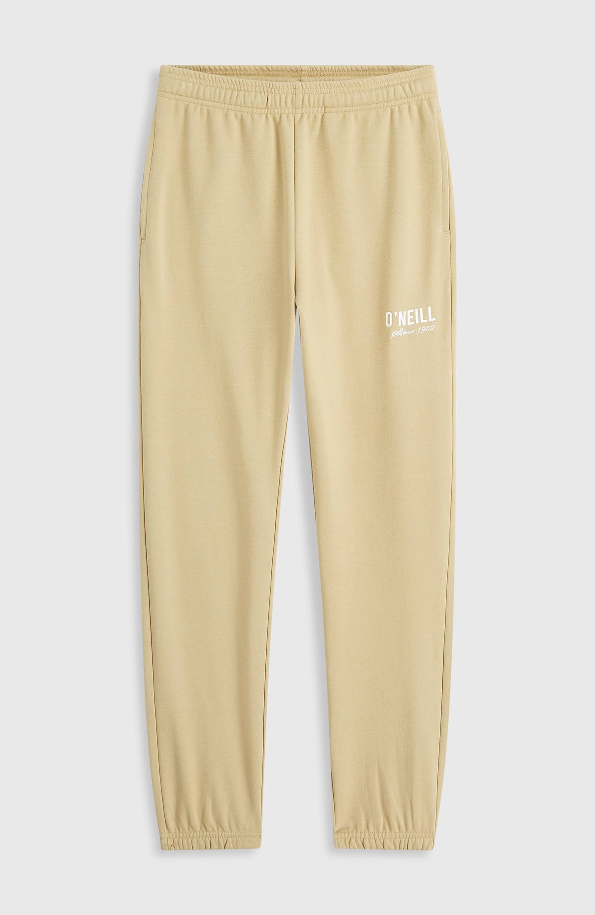 Essentials Jogginghose für Mädchen, beige, flach liegend von vorne mit elastischen Bündchen