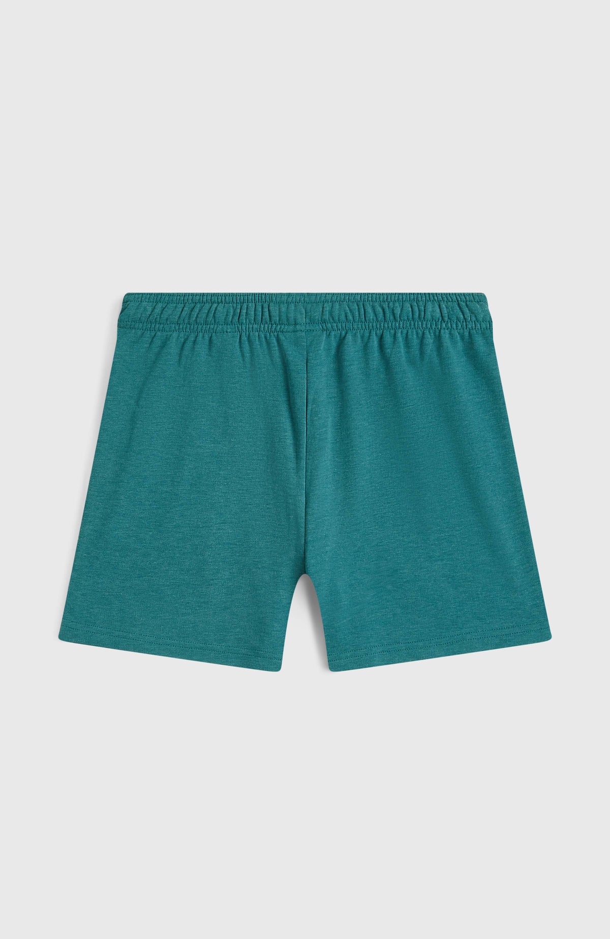 Essentials Script Sweatshorts für Mädchen, grün, flach liegend von hinten mit elastischem Bund
