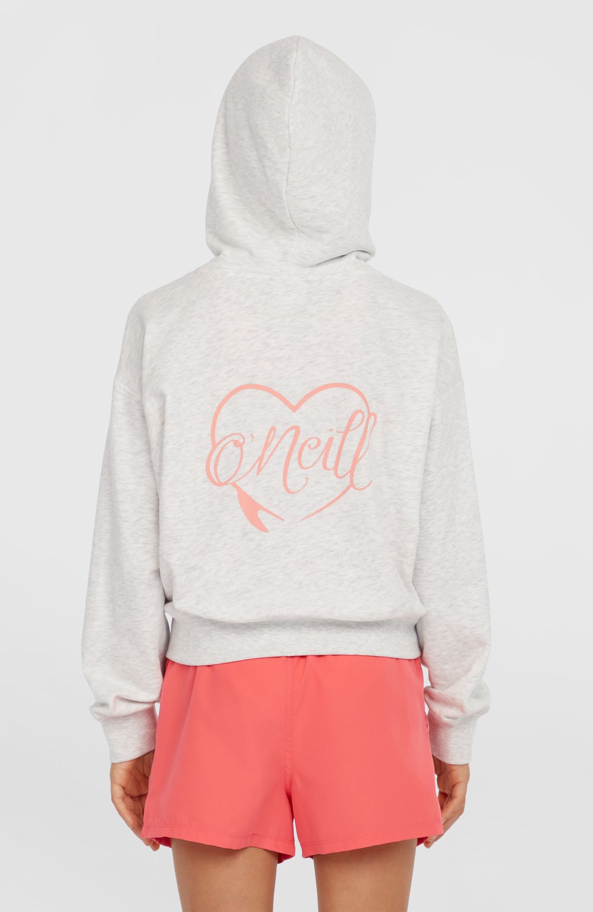 Script Kapuzenjacke mit Reißverschluss für Mädchen, weiß mit Logo-Print in Rosa, Rückansicht getragen am Model